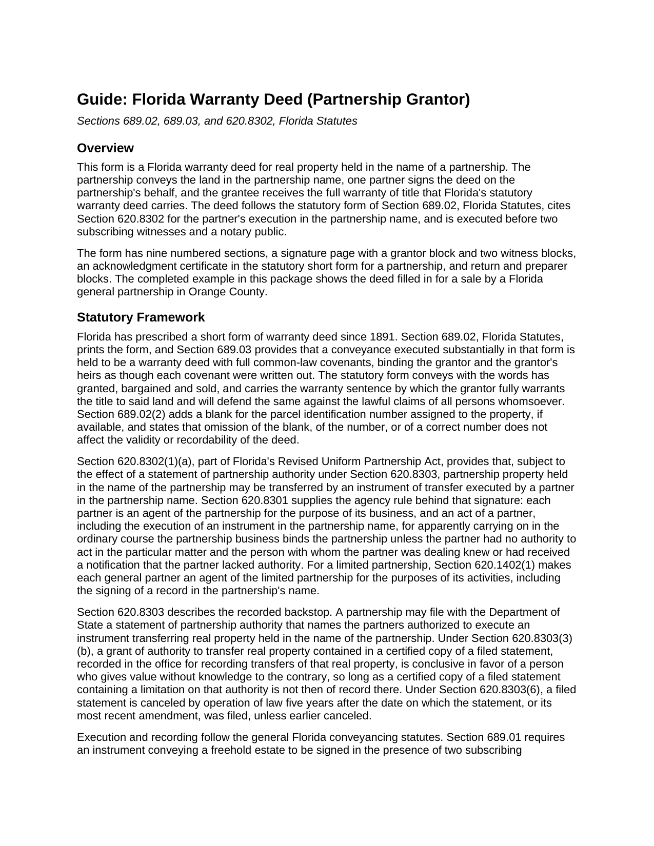 Escambia County Warranty Deed (Partnership Grantor) Guide