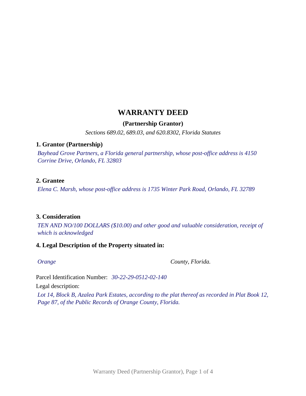 Escambia County Completed Example of the Warranty Deed (Partnership Grantor) Document