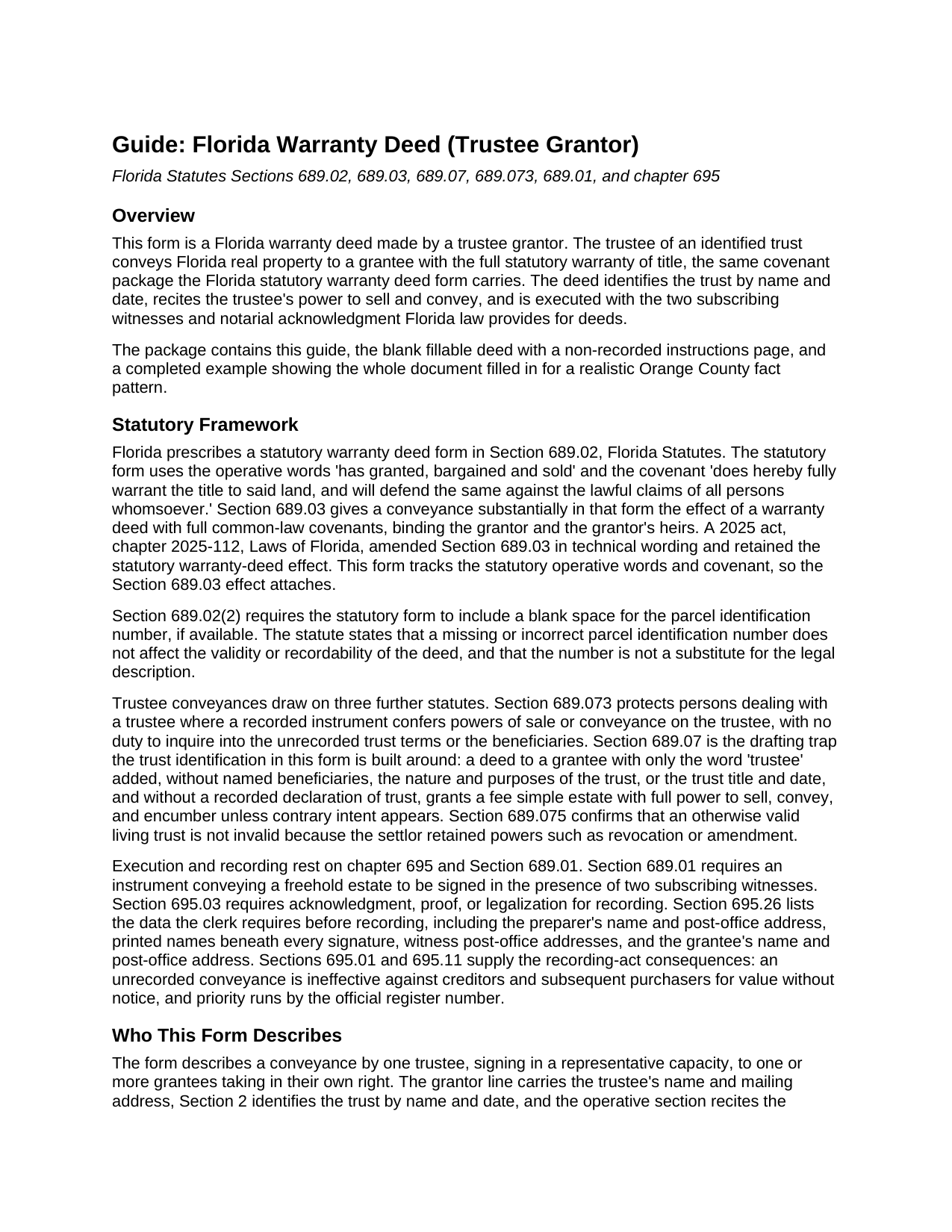 Santa Rosa County Warranty Deed (Trustee Grantor) Guide