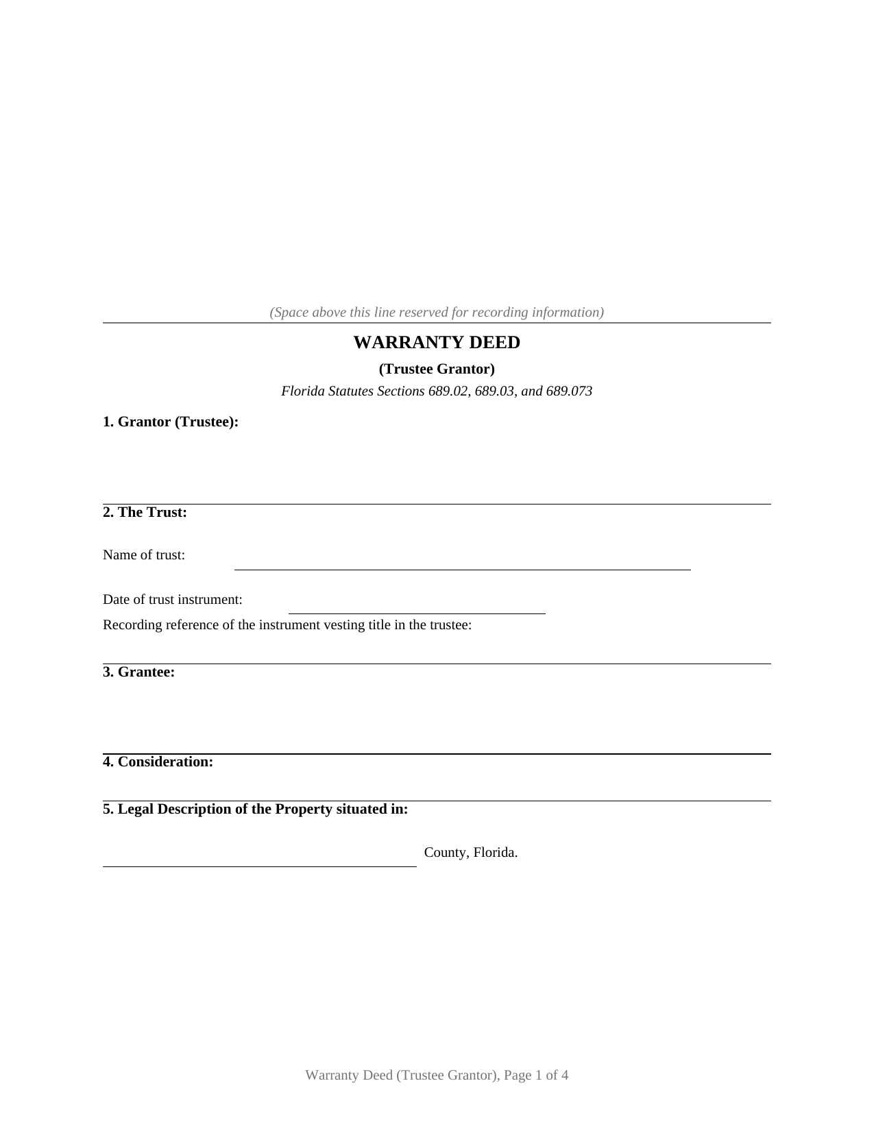 Santa Rosa County Warranty Deed (Trustee Grantor) Form