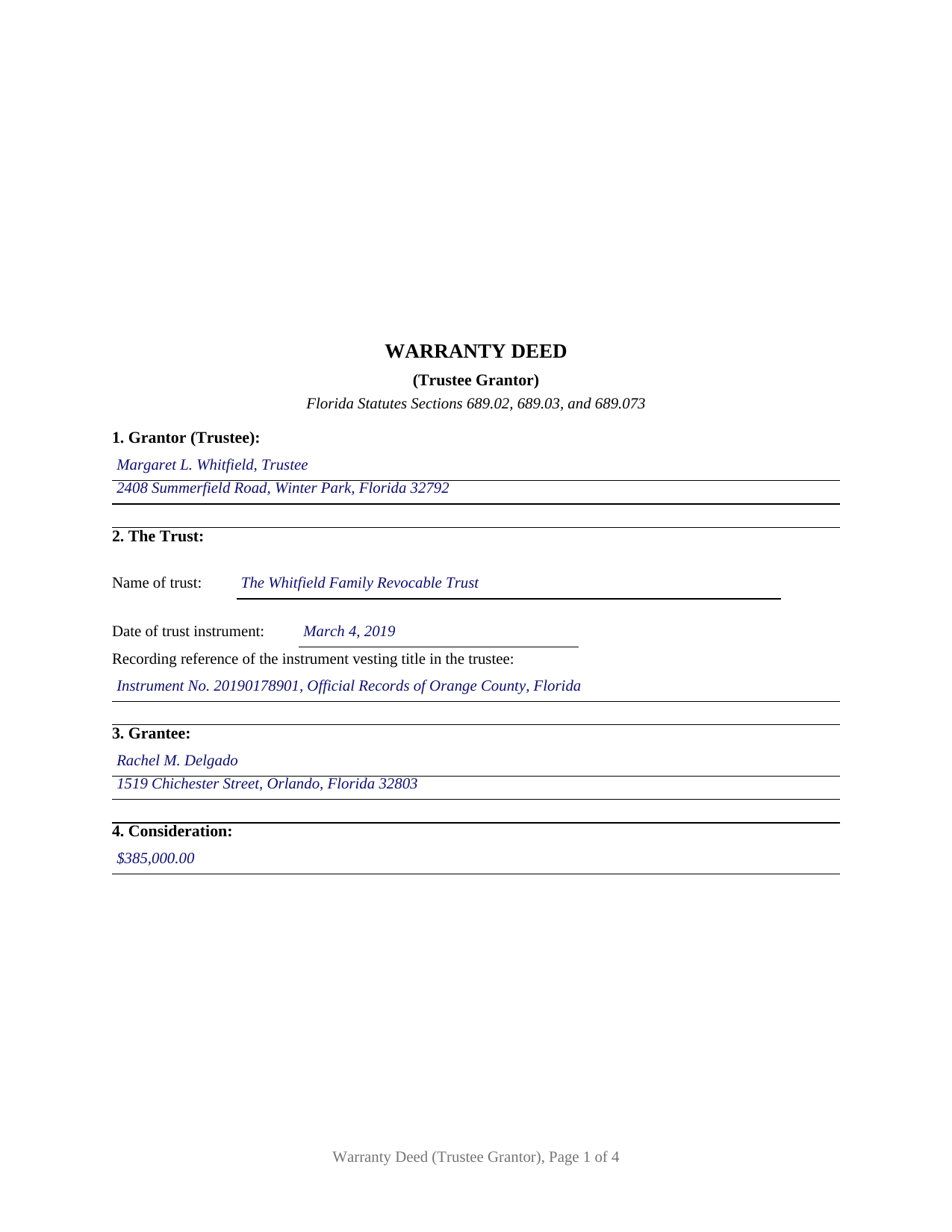 Saint Lucie County Completed Example of the Warranty Deed (Trustee Grantor) Document