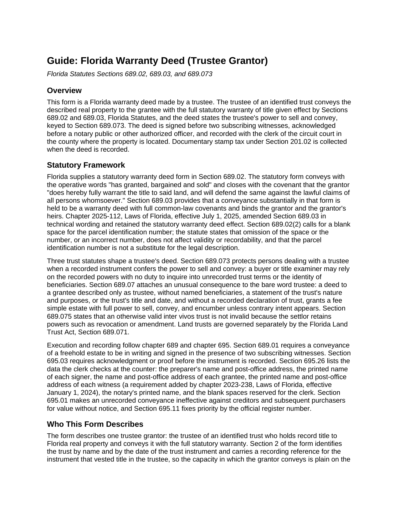 Saint Lucie County Warranty Deed (Trustee Grantor) Guide