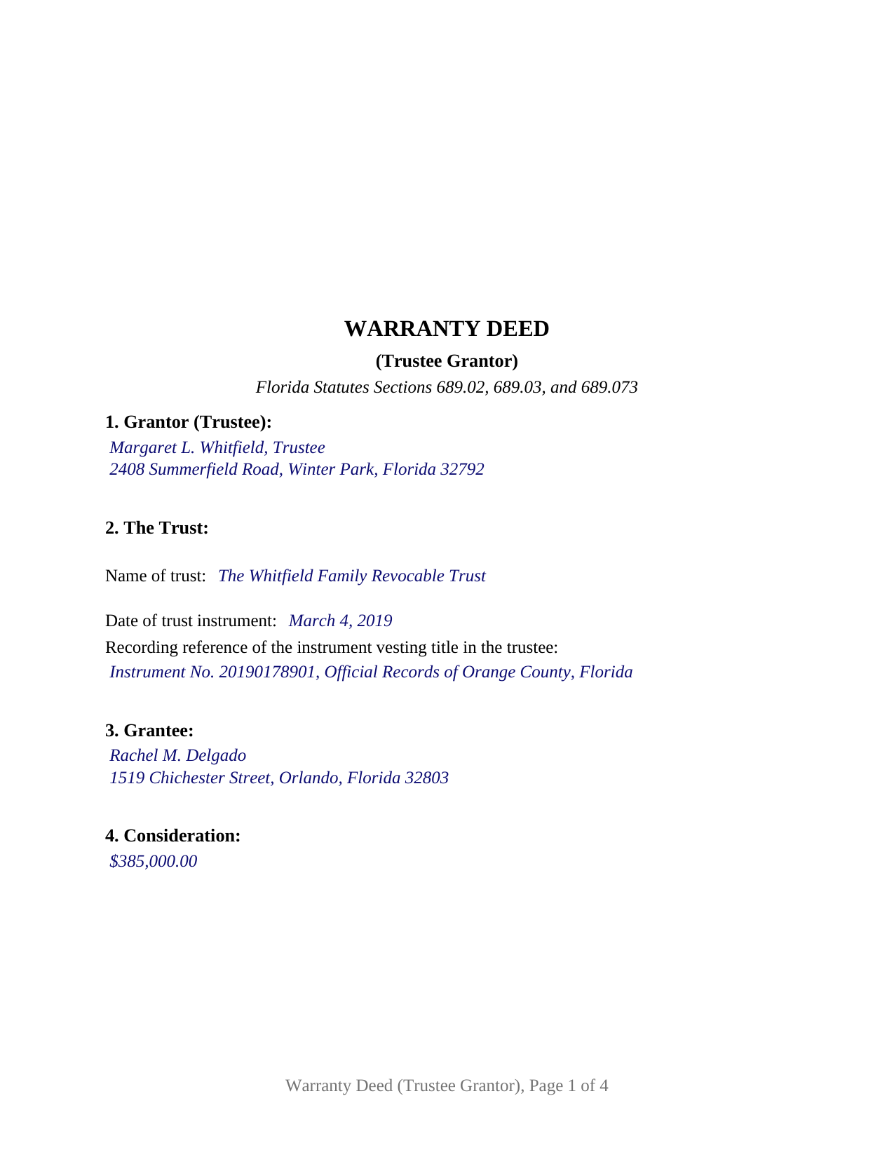 Okaloosa County Completed Example of the Warranty Deed (Trustee Grantor) Document