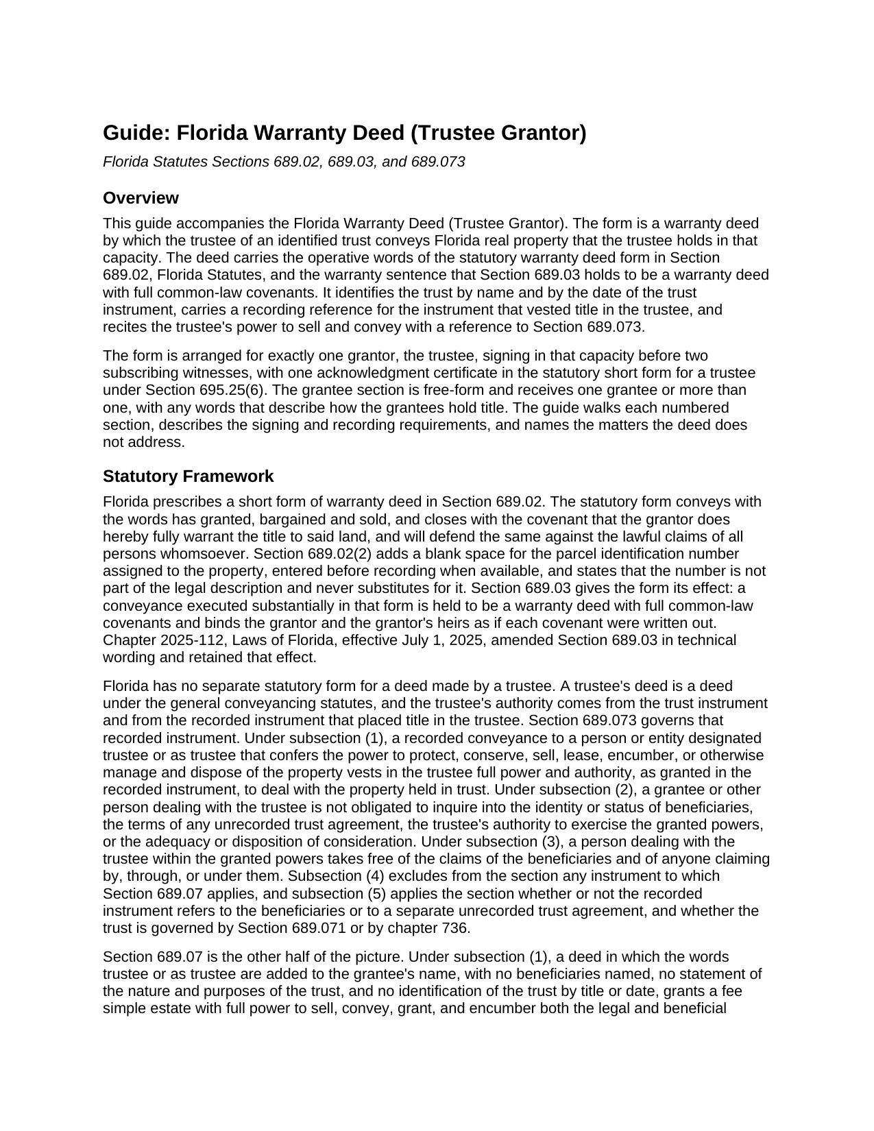 Okaloosa County Warranty Deed (Trustee Grantor) Guide