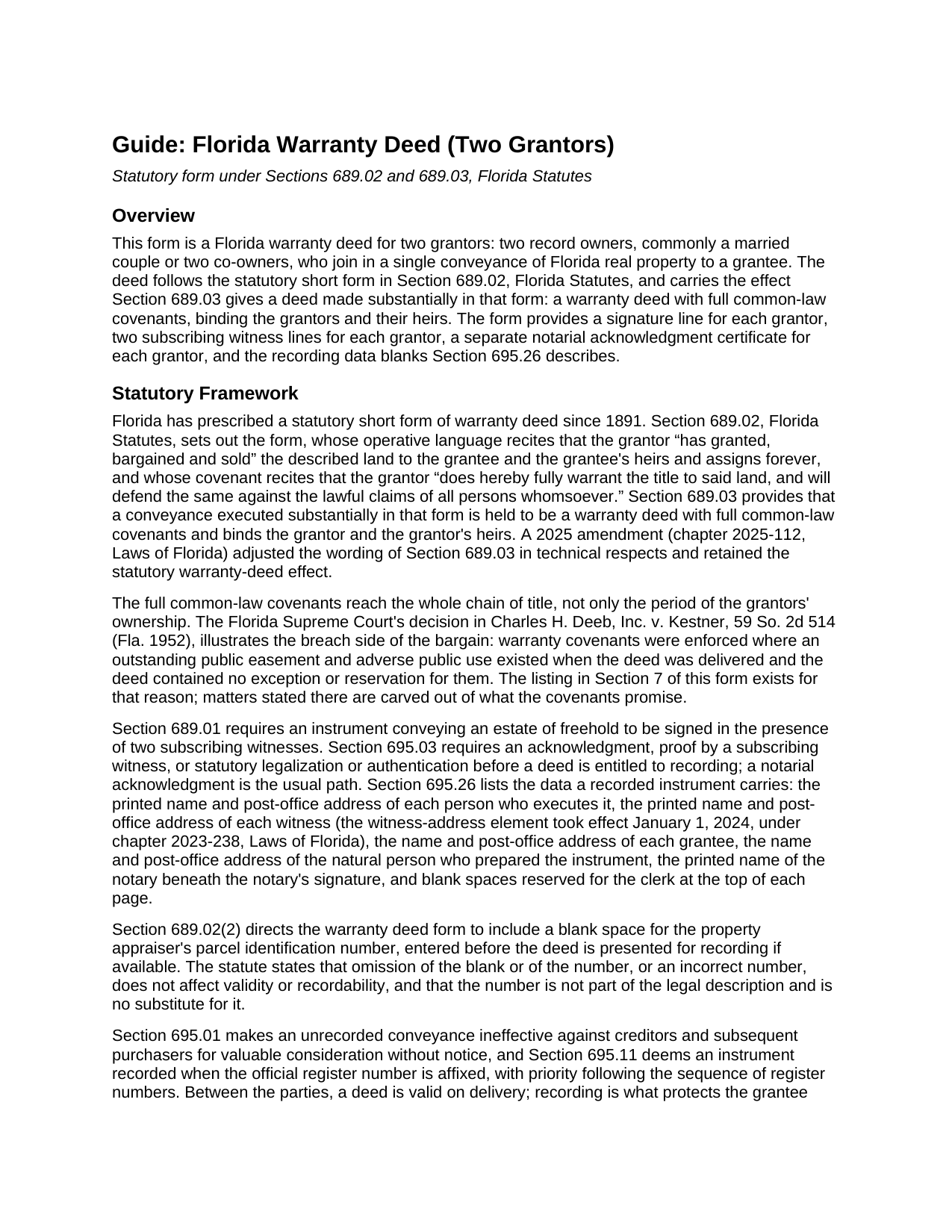 Santa Rosa County Warranty Deed (Two Grantors) Guide