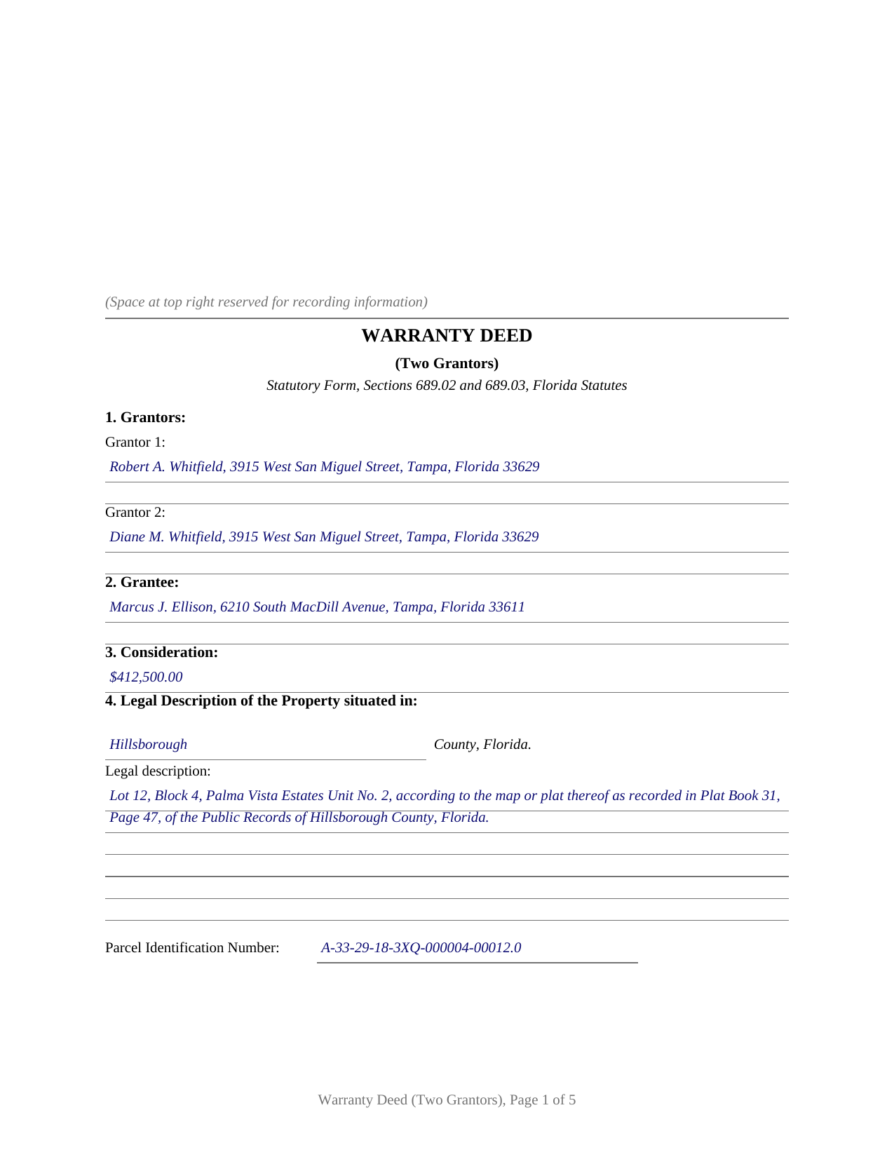 Santa Rosa County Completed Example of the Warranty Deed (Two Grantors) Document