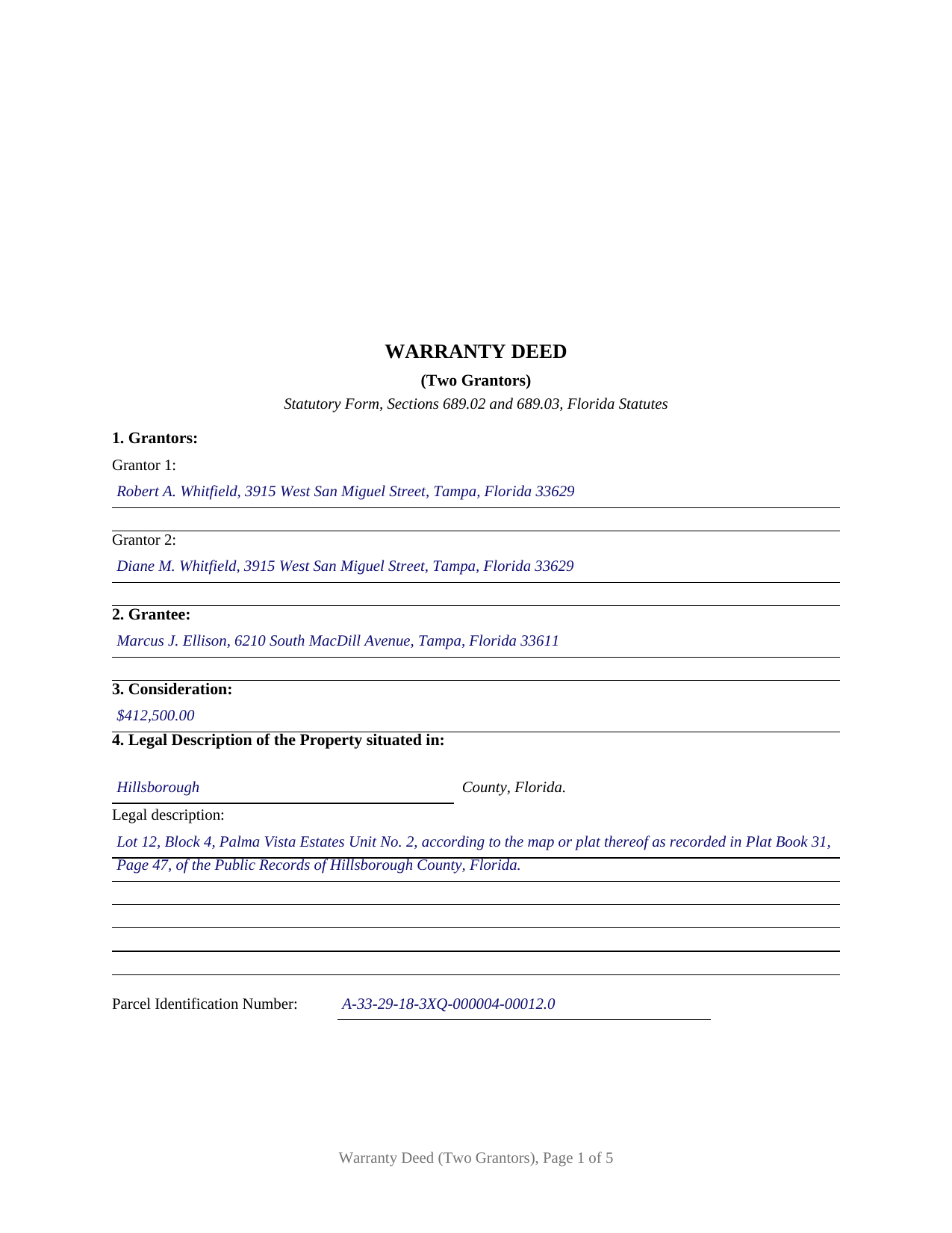 Baker County Completed Example of the Warranty Deed (Two Grantors) Document