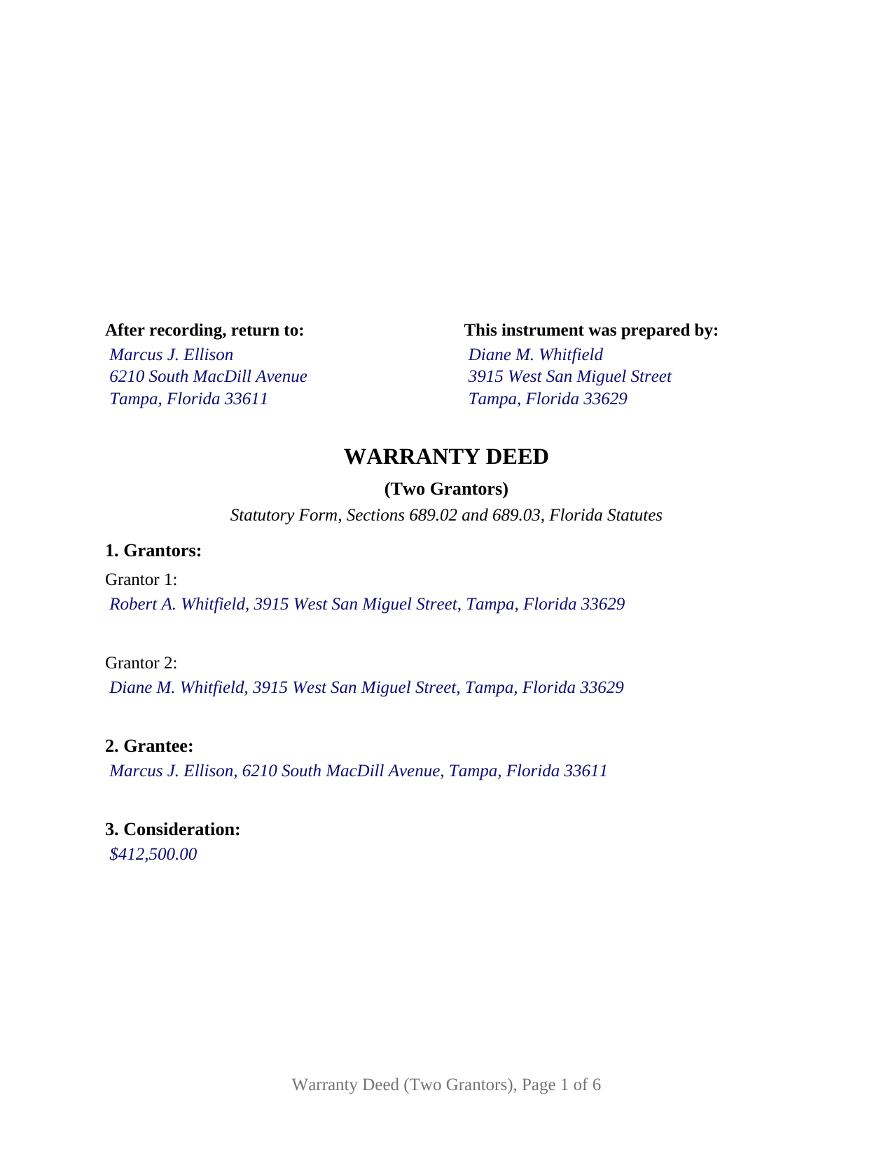 Pasco County Completed Example of the Warranty Deed (Two Grantors) Document