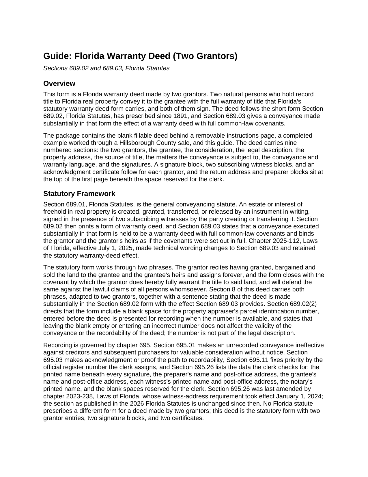 Pasco County Warranty Deed (Two Grantors) Guide