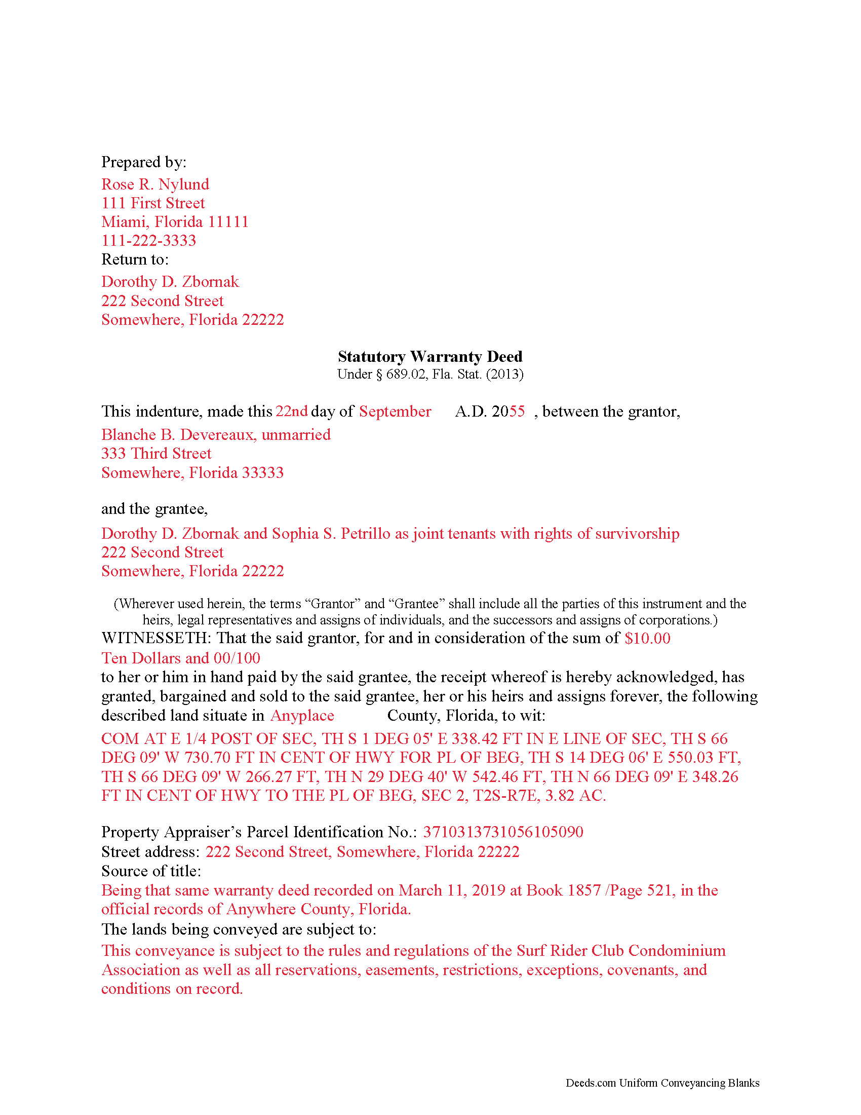 Completed Example of the Warranty Deed Document