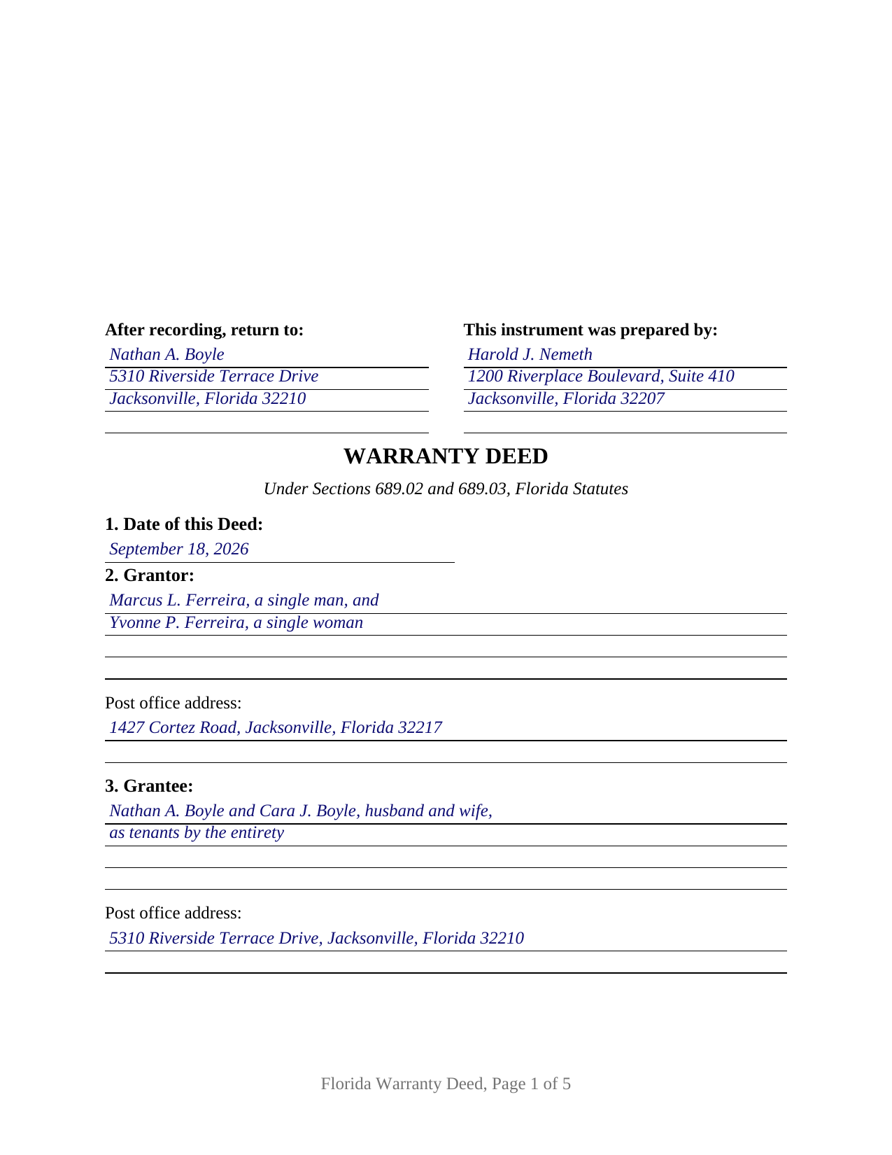 Sumter County Completed Example of the Warranty Deed Document