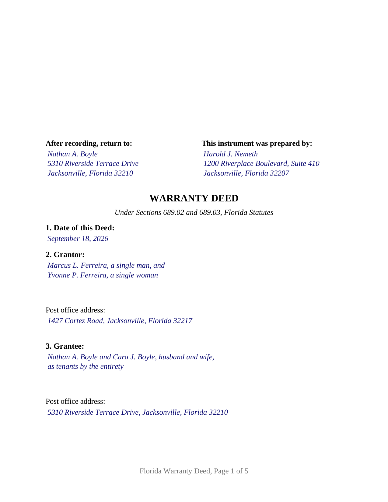 Duval County Completed Example of the Warranty Deed Document