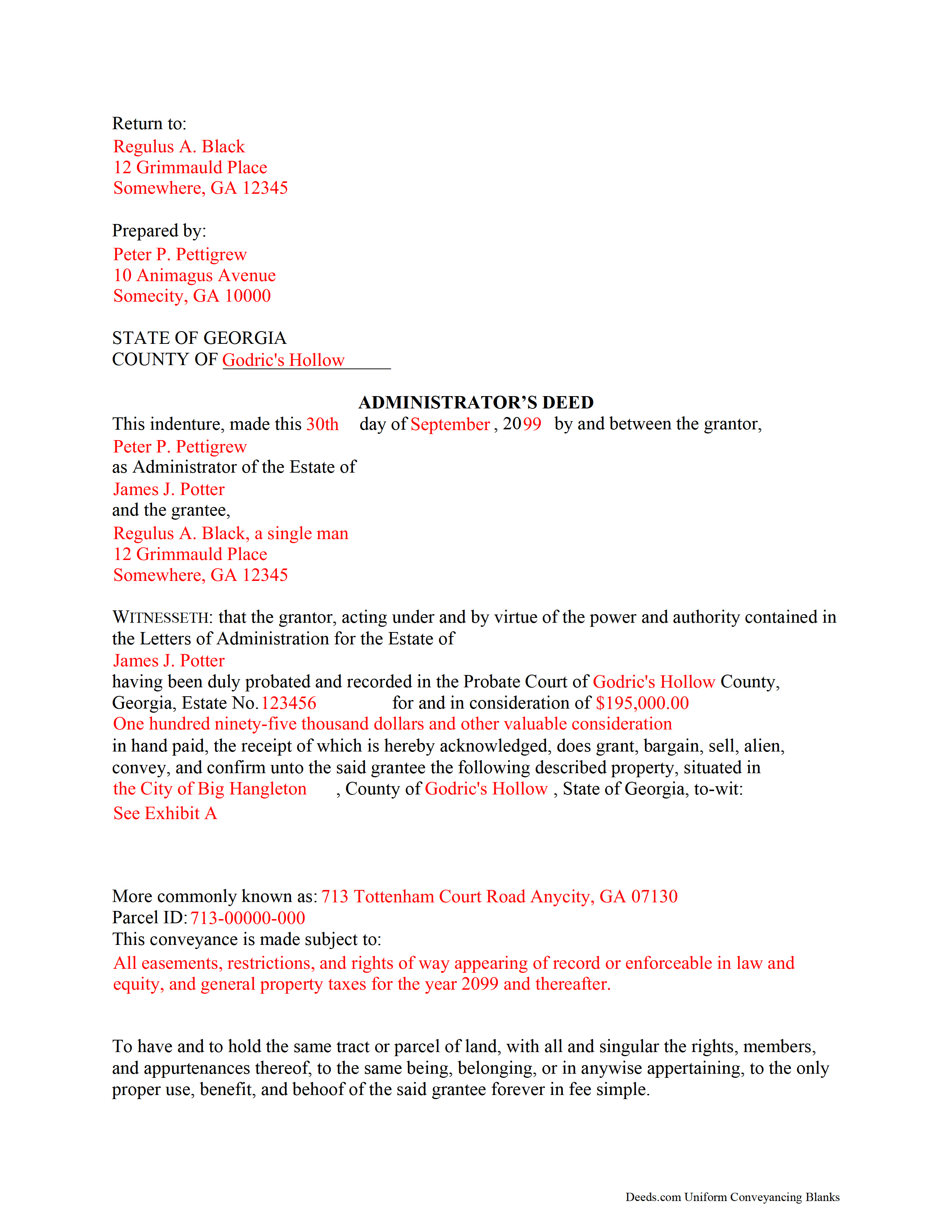 Bryan County Completed Example of the Administrator Deed Document