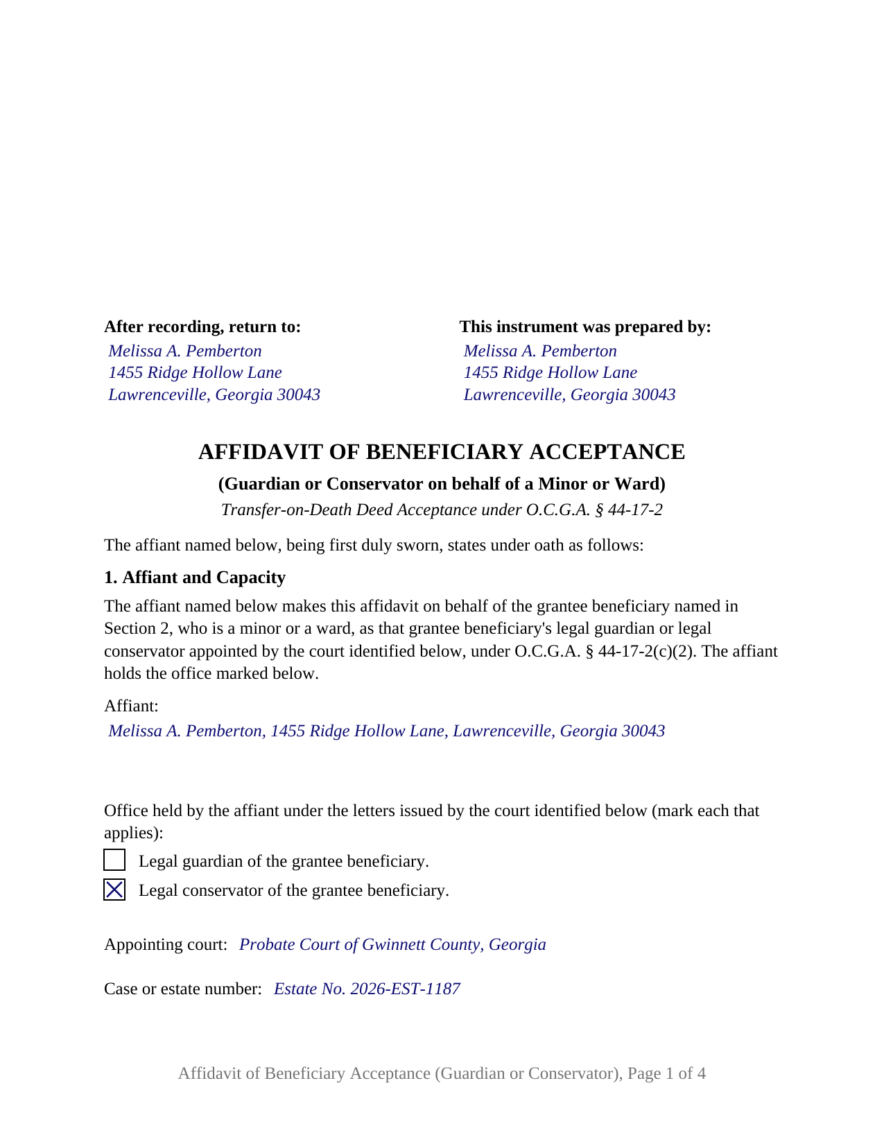 Clayton County Completed Example of the Affidavit of Beneficiary Acceptance (Guardian or Conservator on behalf of a Minor or Ward) Document