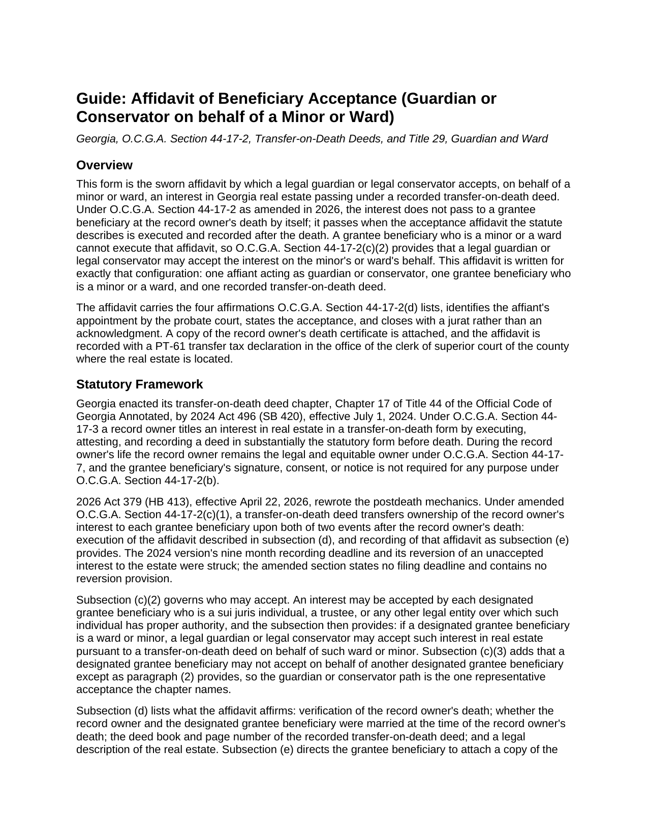 Clayton County Affidavit of Beneficiary Acceptance (Guardian or Conservator on behalf of a Minor or Ward) Guide