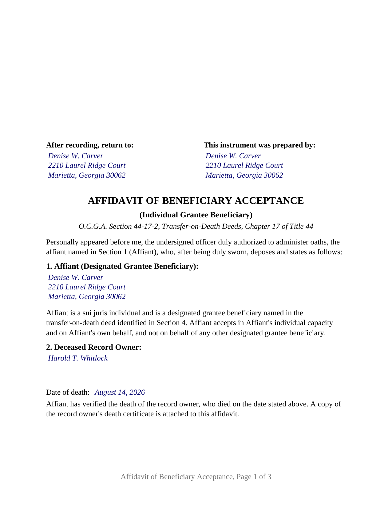 Crawford County Completed Example of the Affidavit of Beneficiary Acceptance (Individual Beneficiary) Document