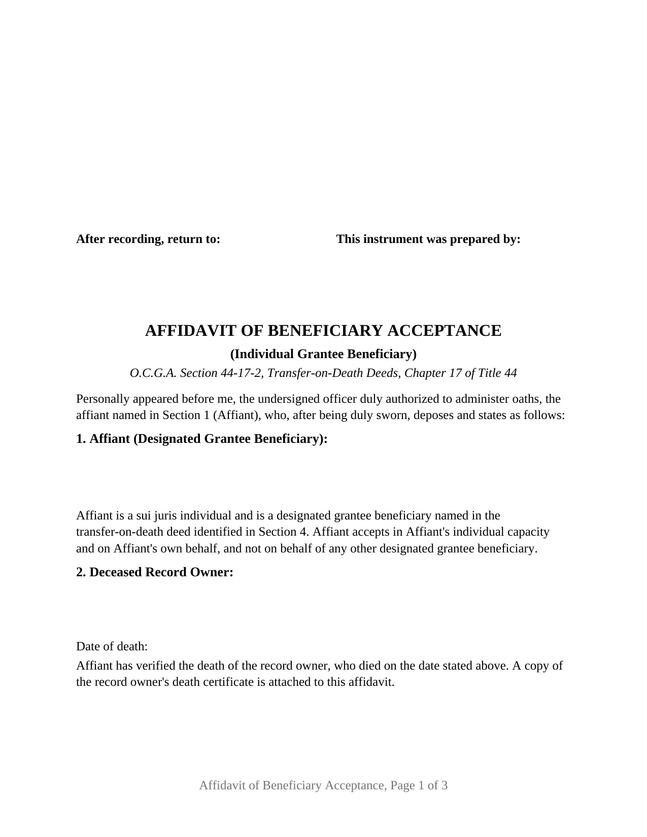 Crawford County Affidavit of Beneficiary Acceptance (Individual Beneficiary) Form