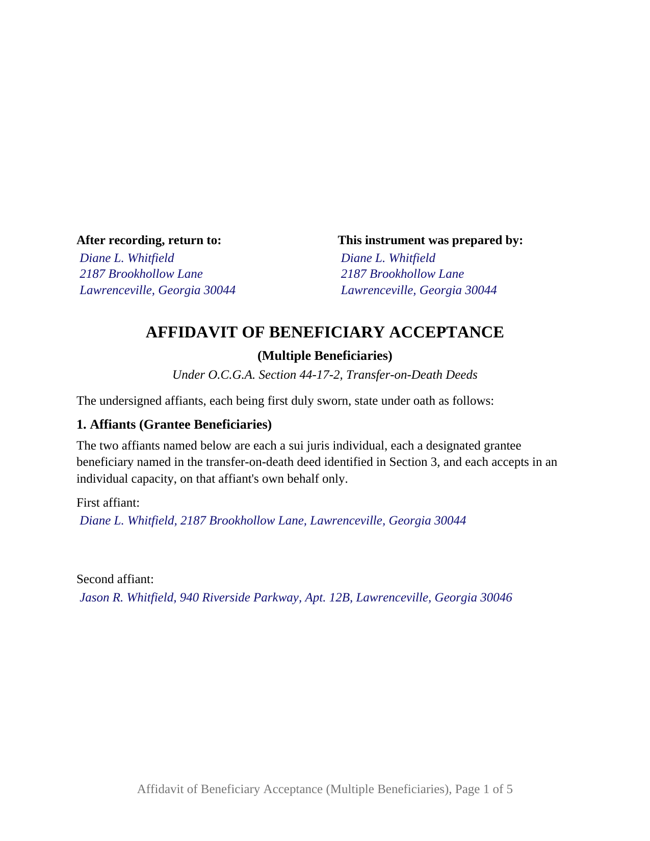 Pike County Completed Example of the Affidavit of Beneficiary Acceptance (Multiple Beneficiaries) Document