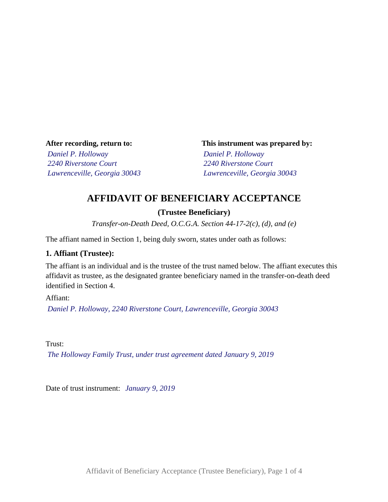 Atkinson County Completed Example of the Affidavit of Beneficiary Acceptance (Trustee Beneficiary) Document