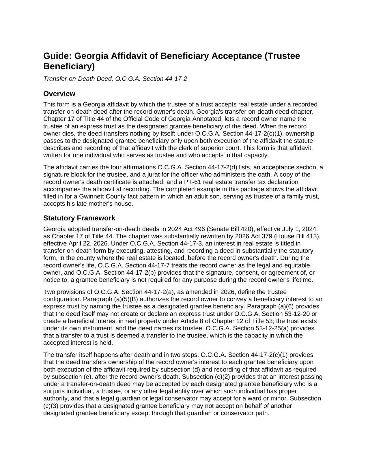 Atkinson County Affidavit of Beneficiary Acceptance (Trustee Beneficiary) Guide