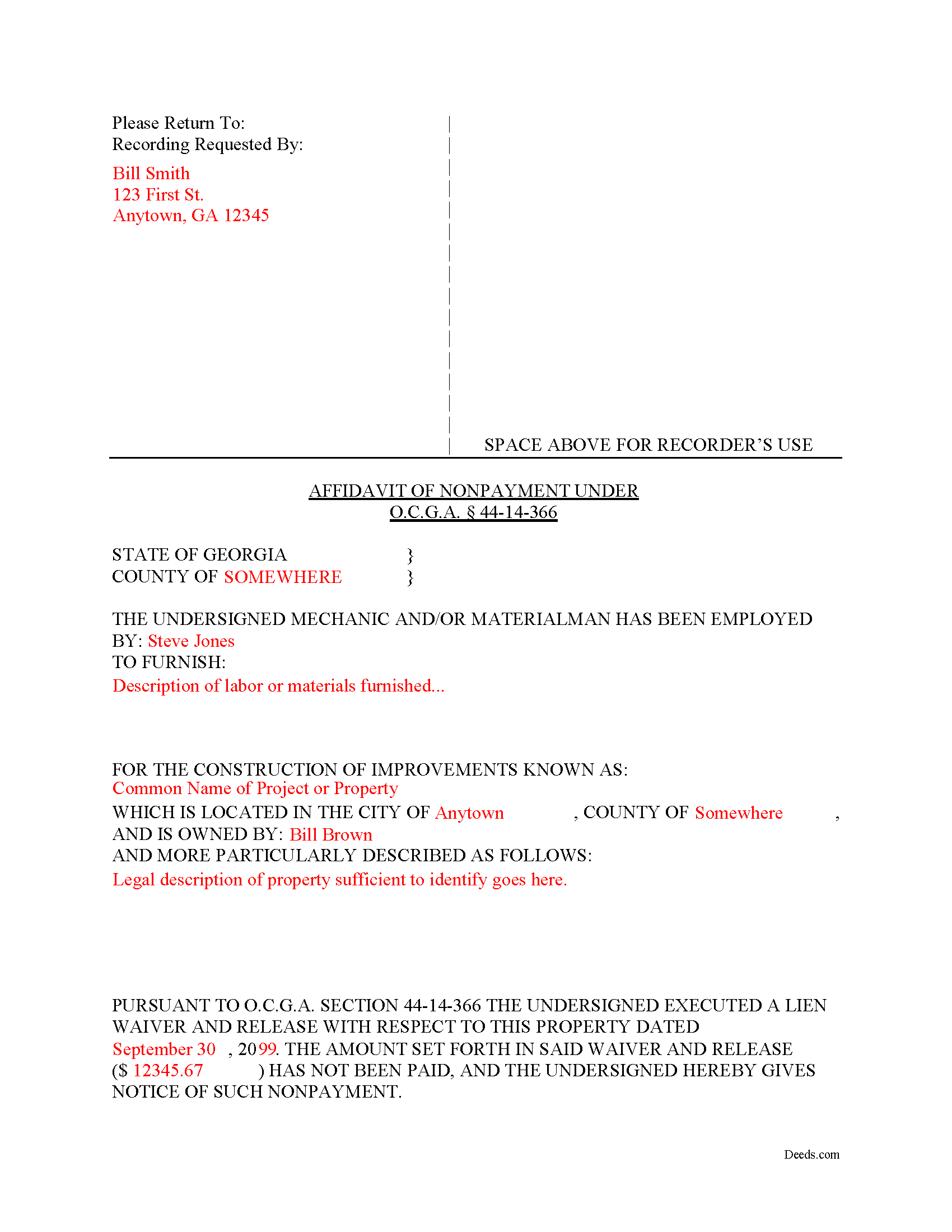 Completed Example of the Affidavit of Non Payment Document