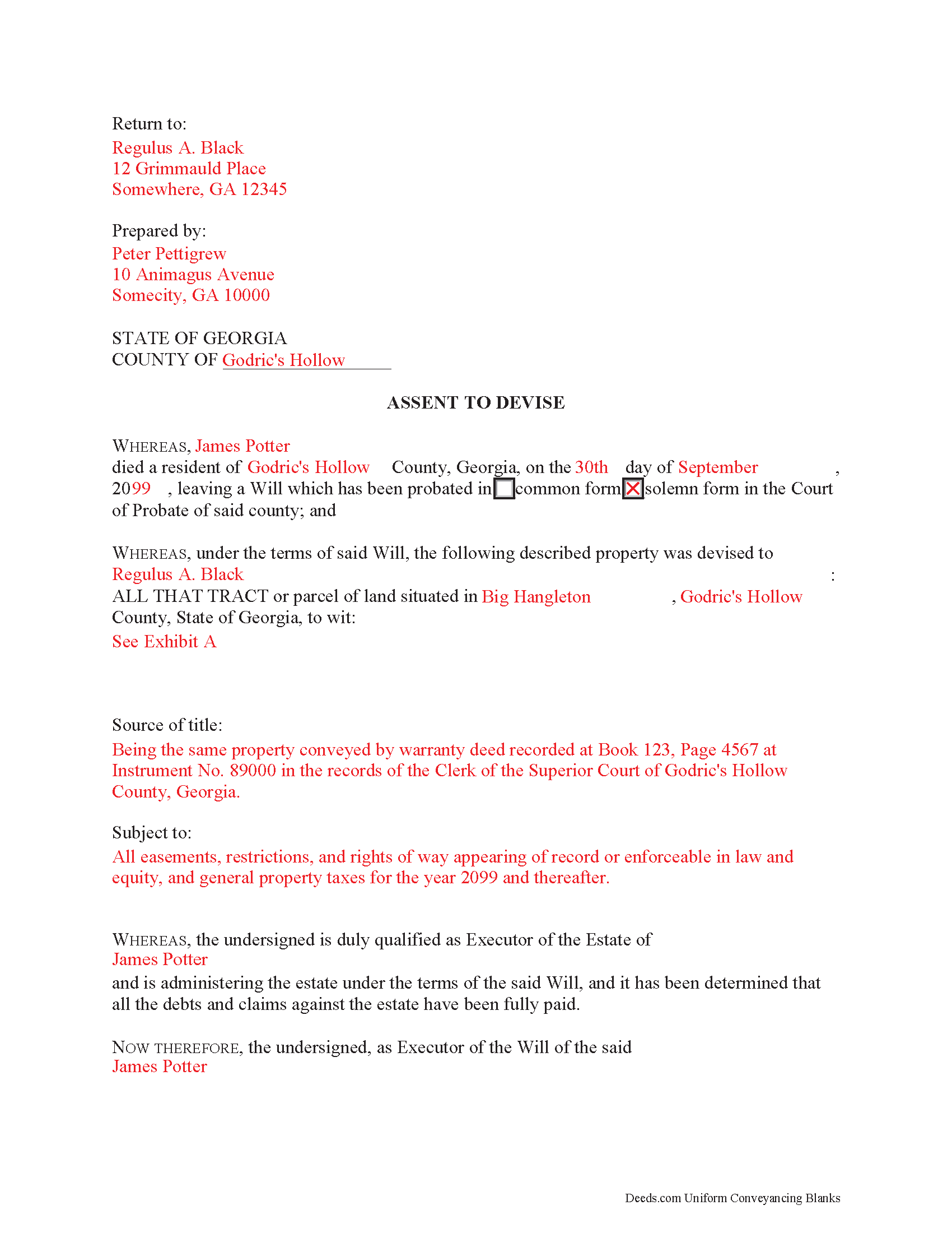 Completed Example of the Assent to Devise Document