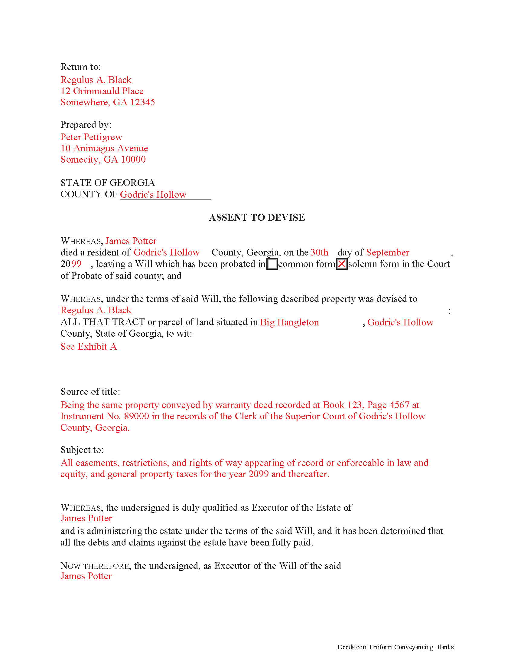 Bryan County Completed Example of the Assent to Devise Document