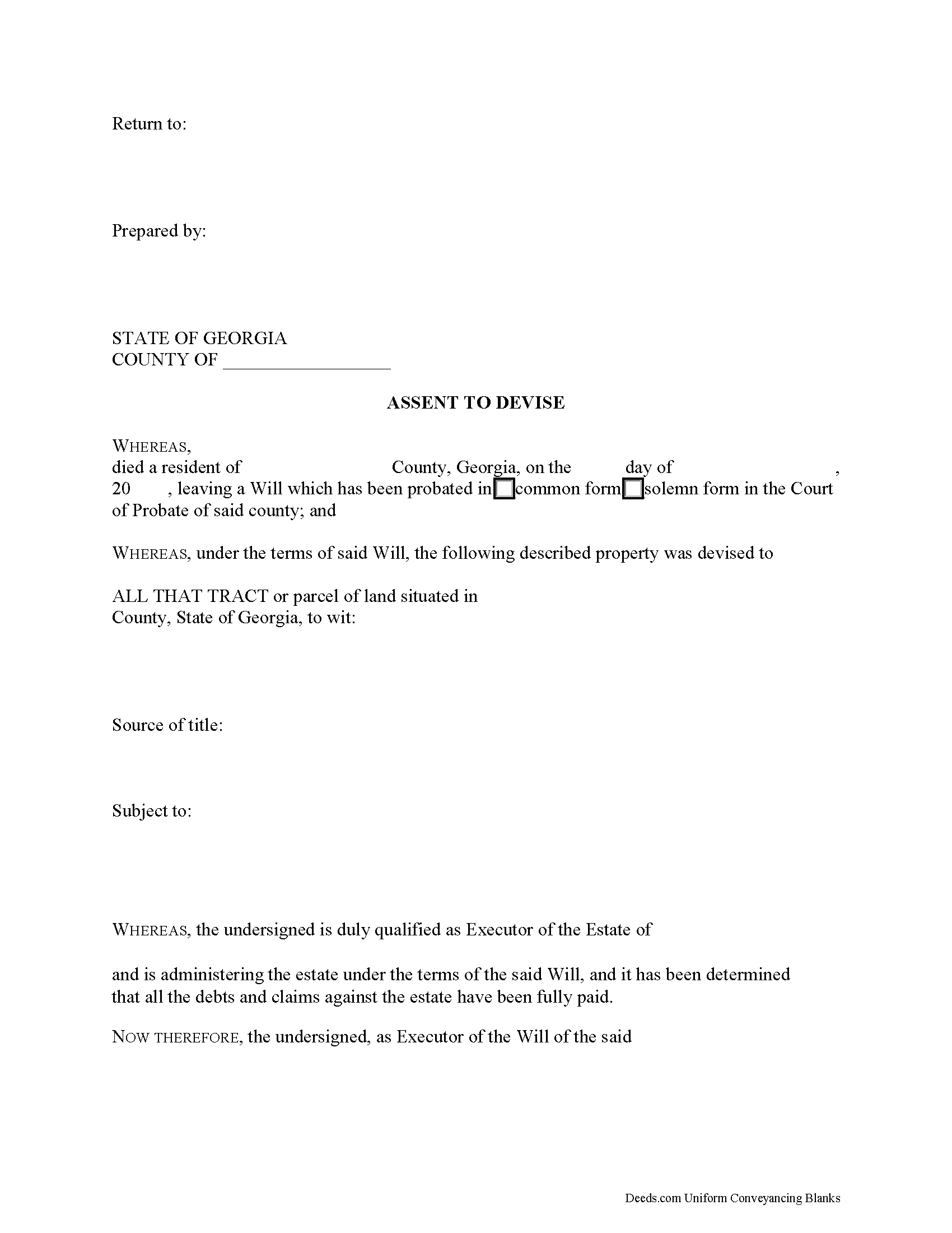 Bryan County Assent to Devise Form