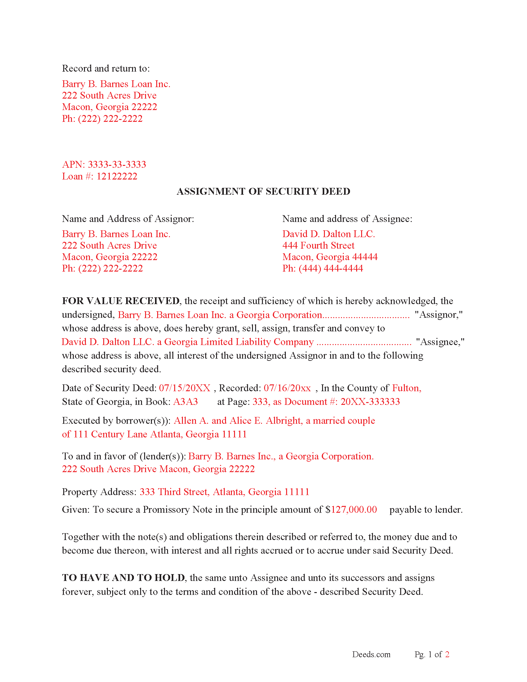 Bryan County Completed Example of the Assignment of Security Deed Document