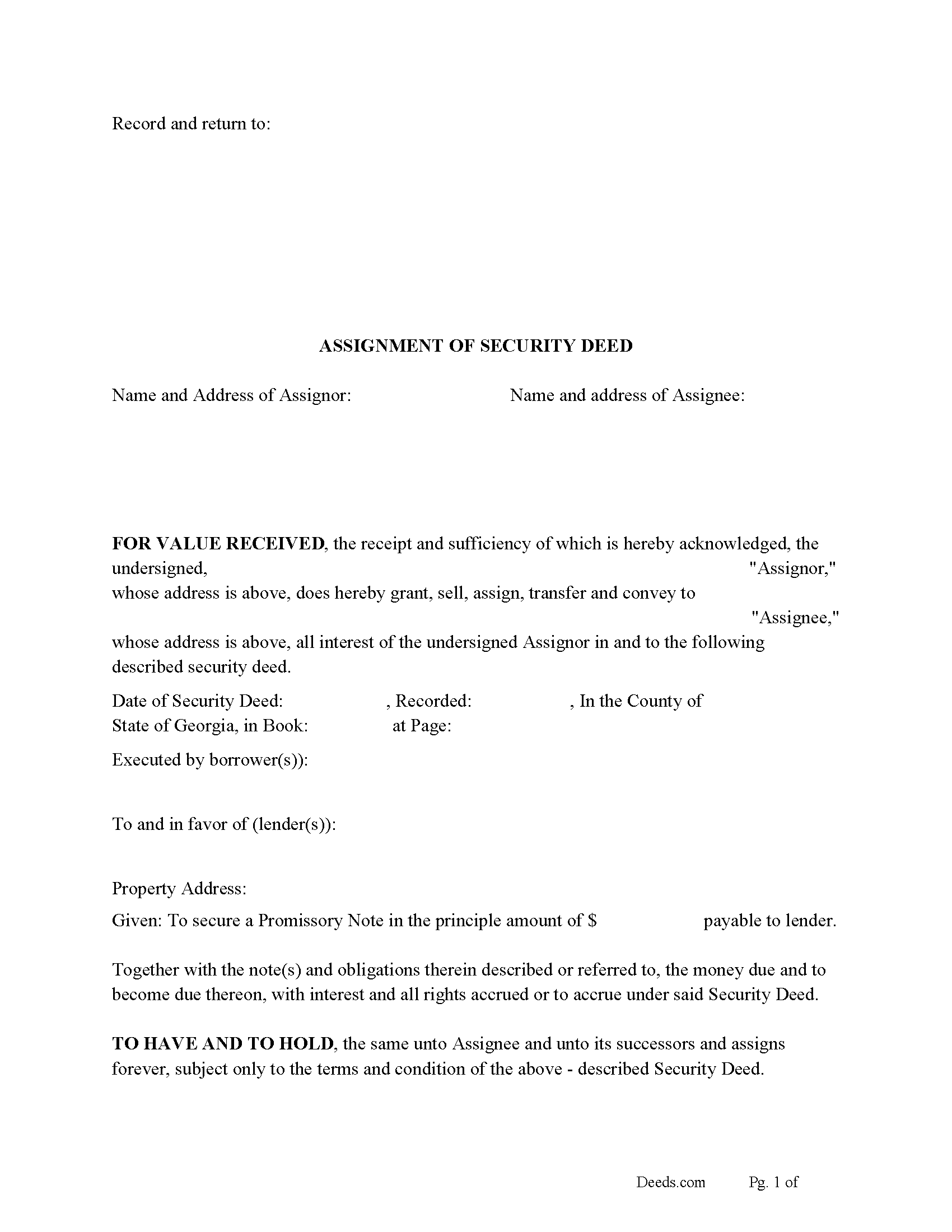 Bryan County Assignment of Security Deed Form