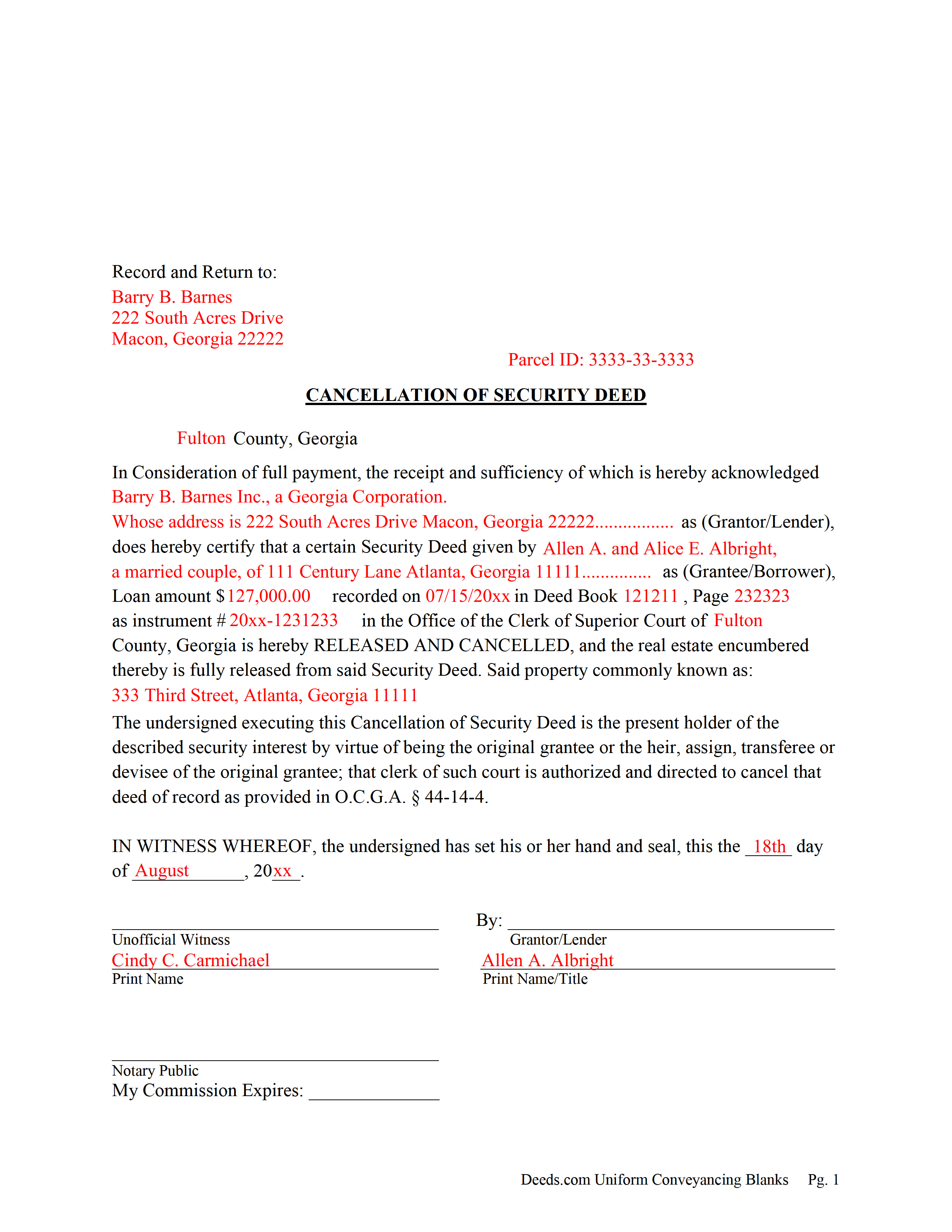 Bryan County Completed Example of the Cancellation of Security Deed