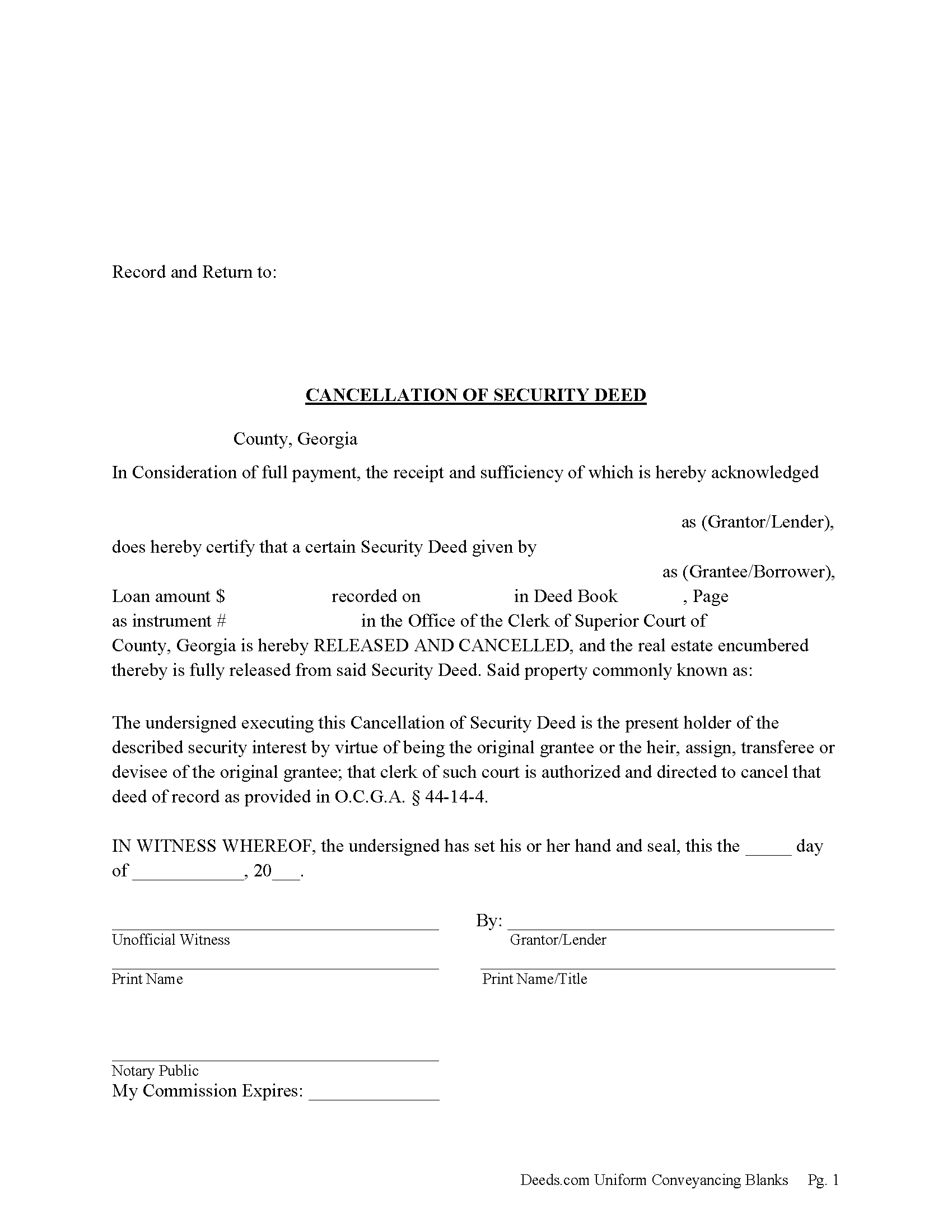Bryan County Cancellation of Security Deed Form