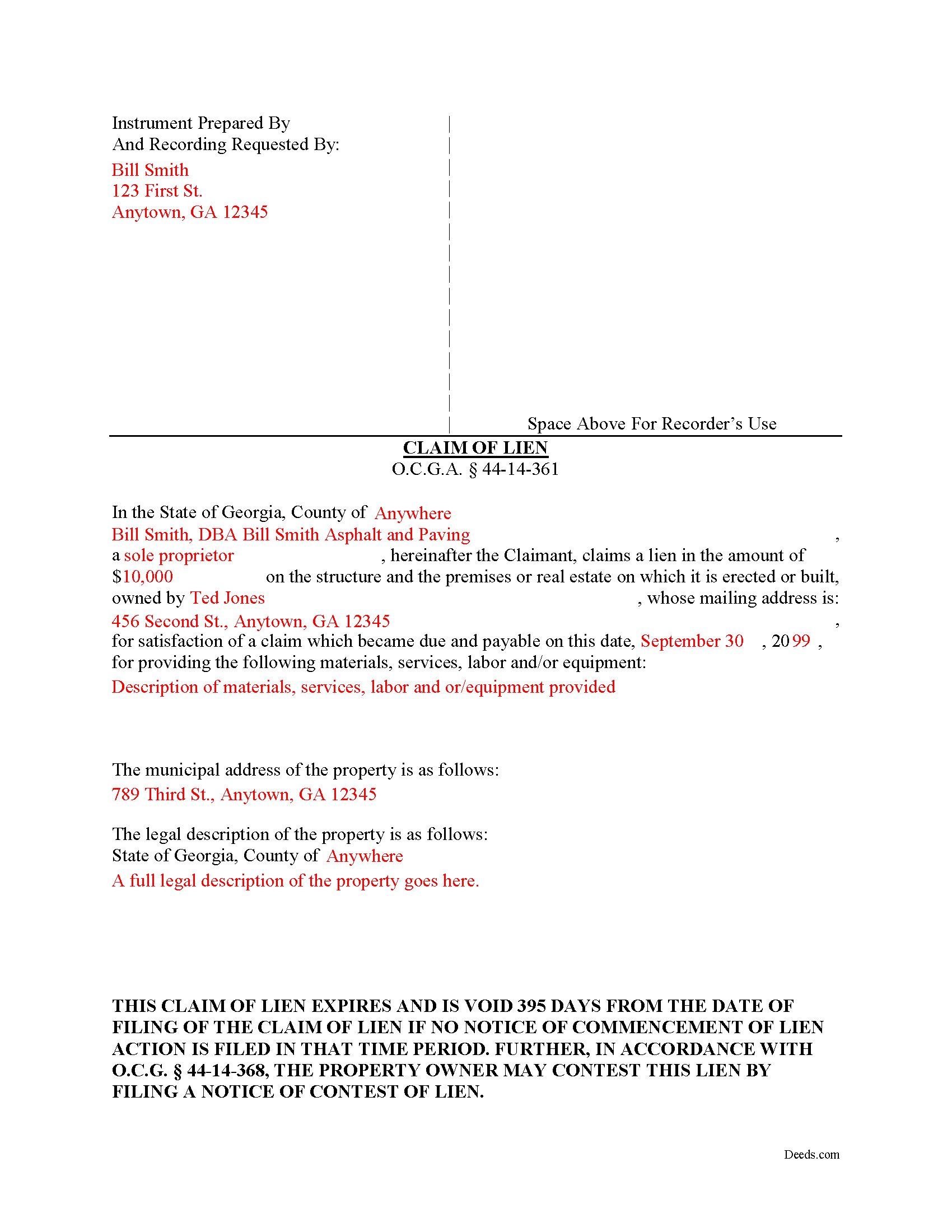 Completed Example of the Notice and Claim of Mechanics Lien Document