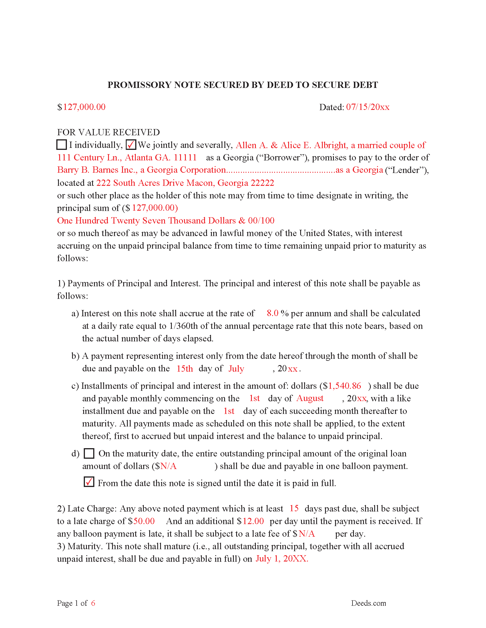 Bryan County Completed Example of the Promissory Note Document