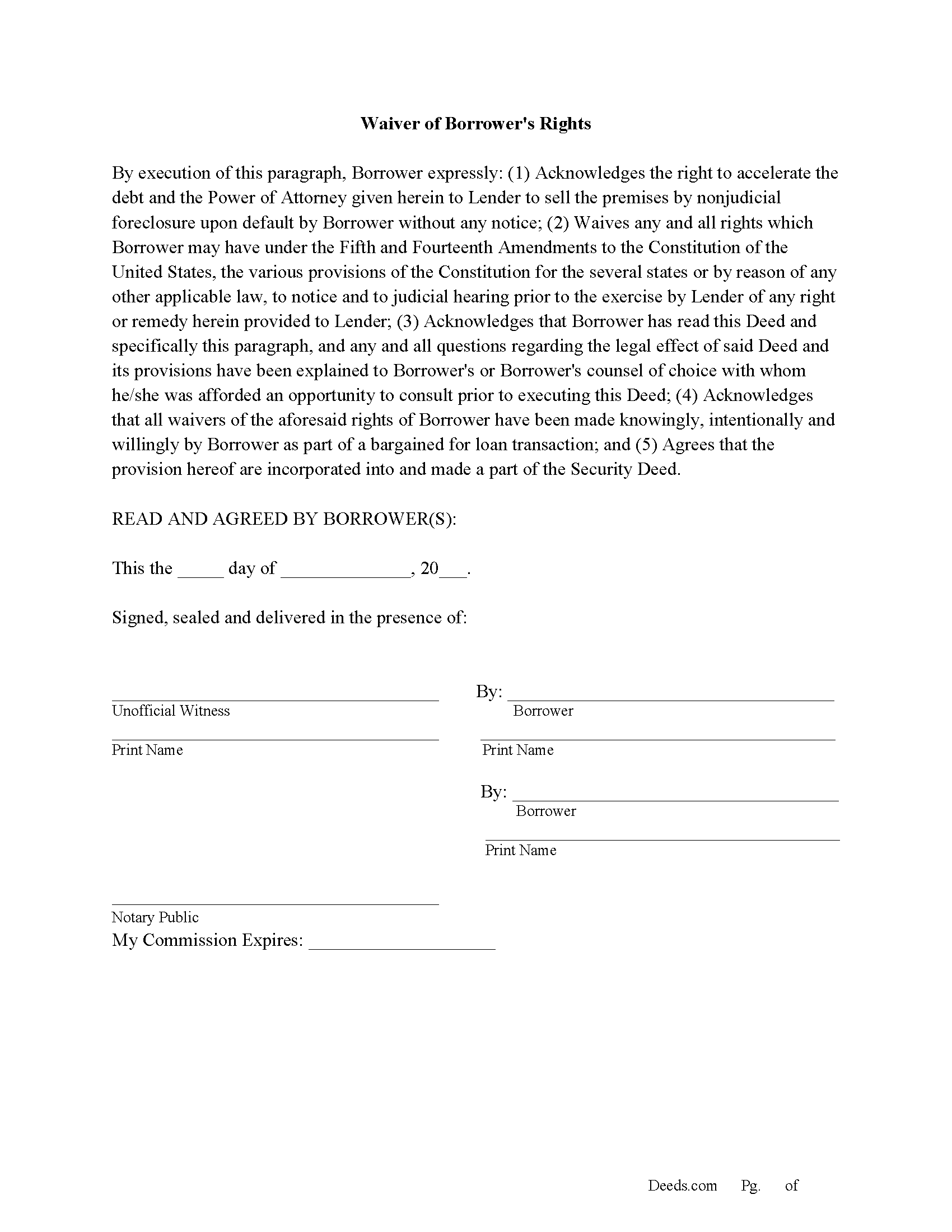 Bryan County Waiver of Borrowers Rights Form