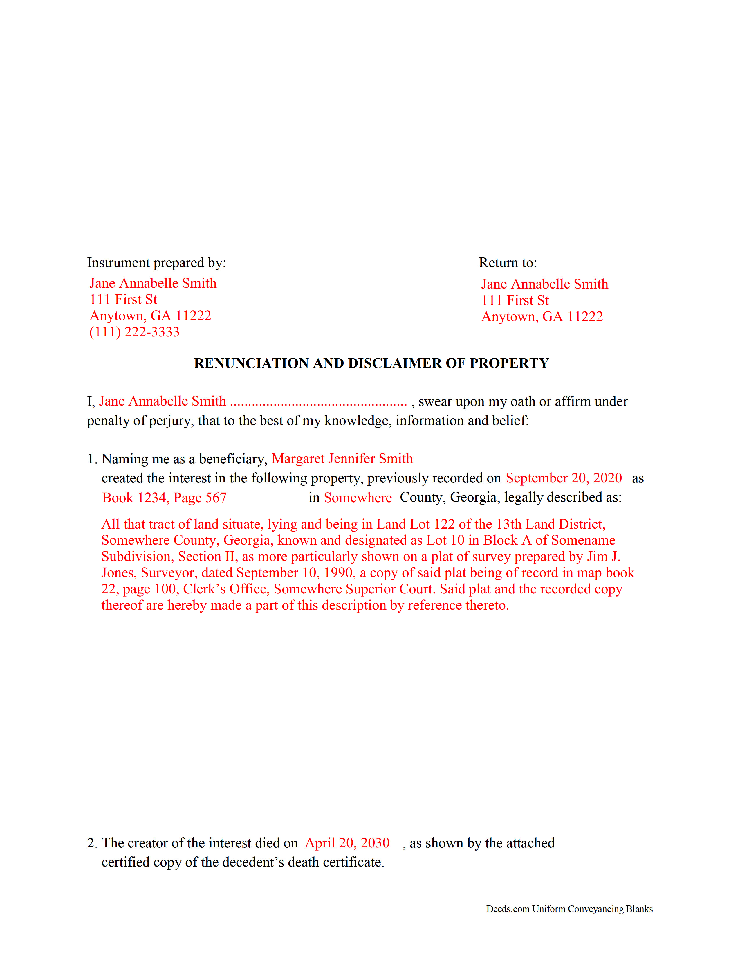 Bryan County Completed Example of the Disclaimer of Interest Document