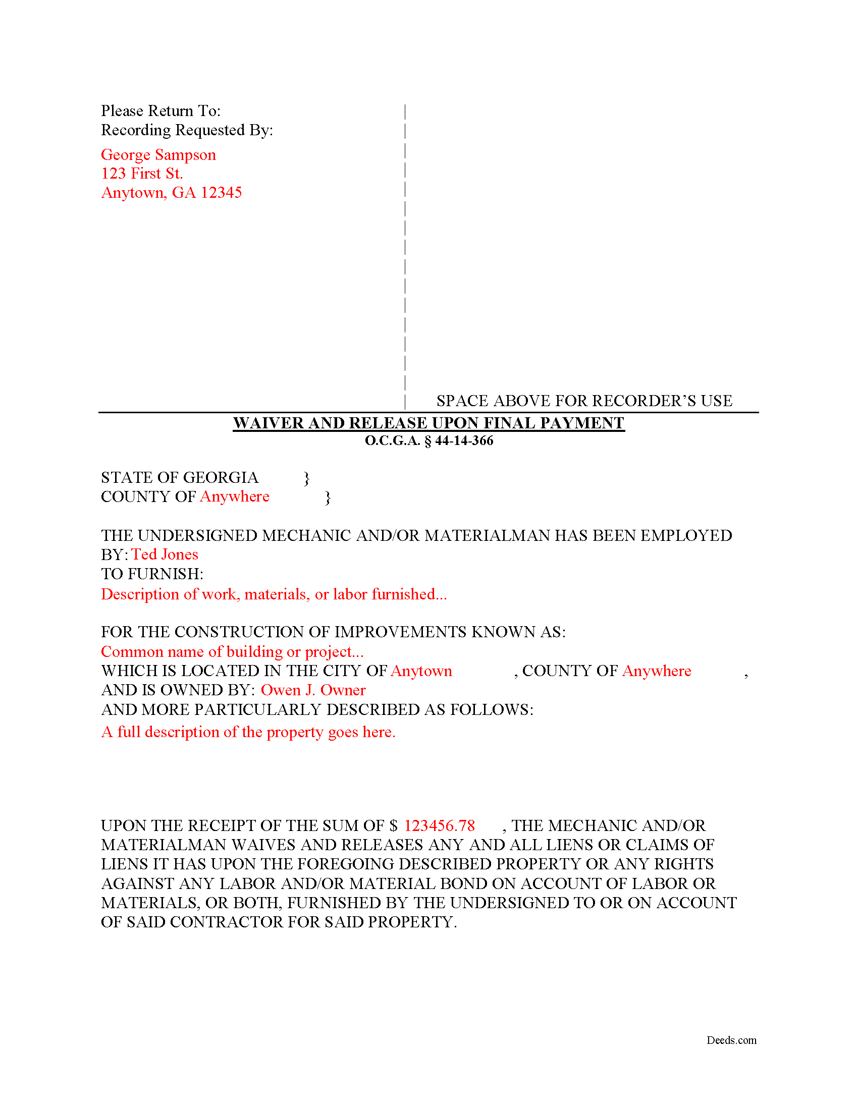 Completed Example of the Final Lien Waiver and Release Document