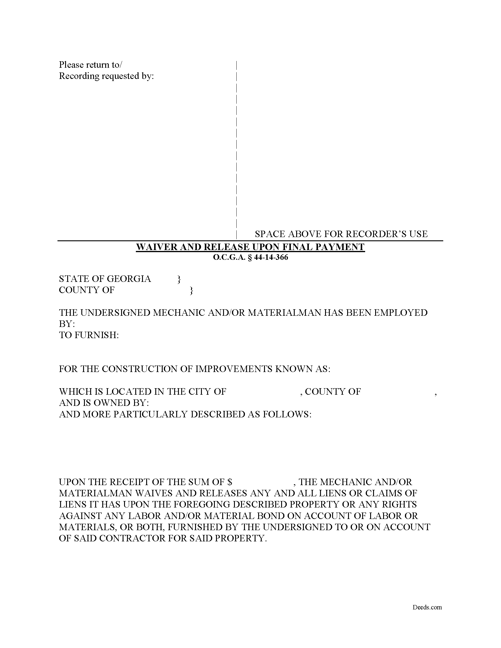 Bryan County Final Lien Waiver and Release Form