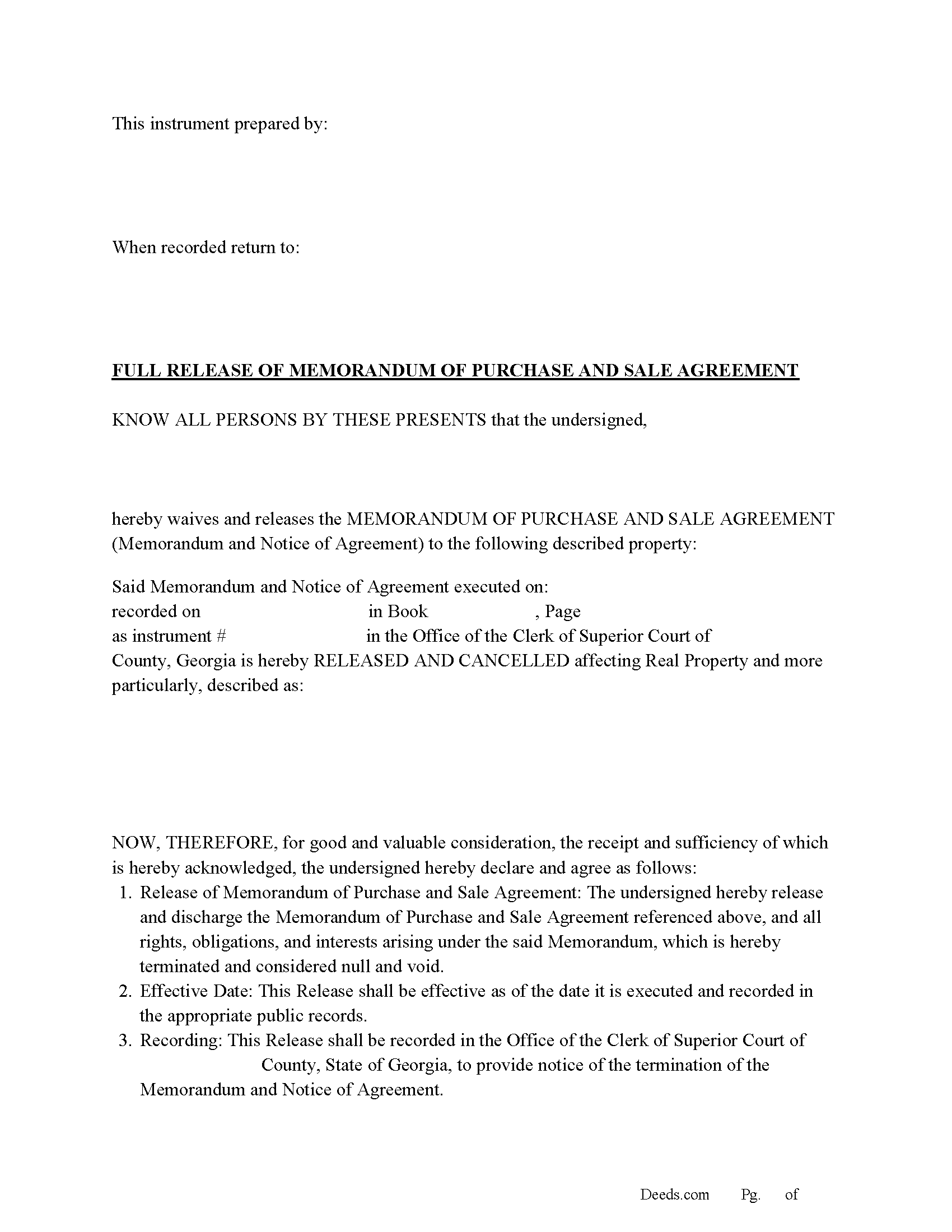Bryan County Full Release of Memorandum of Purchase and Sale Agreement Form