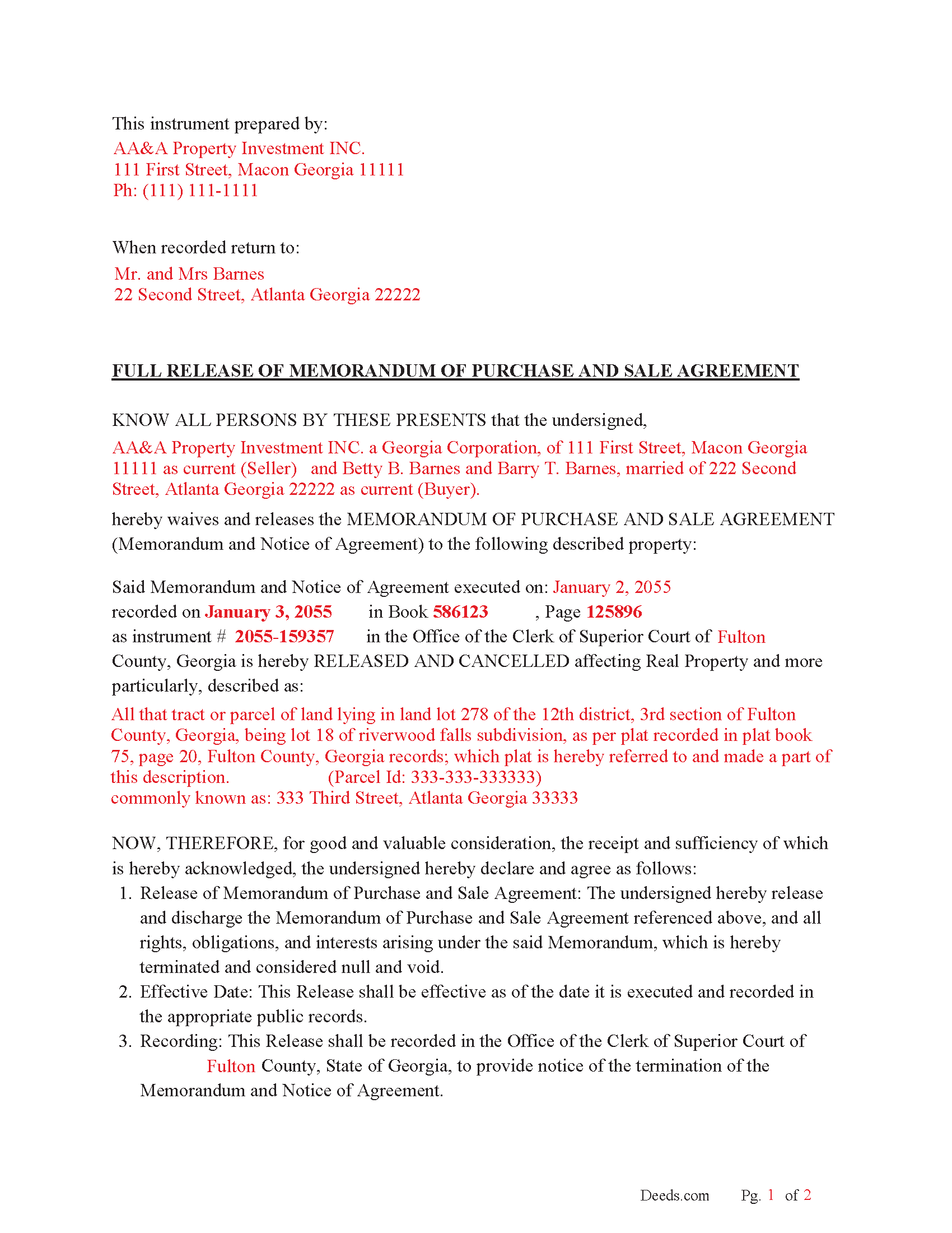 Bryan County Completed Example of the Full Release of Memorandum of Purchase and Sale Agreement Document