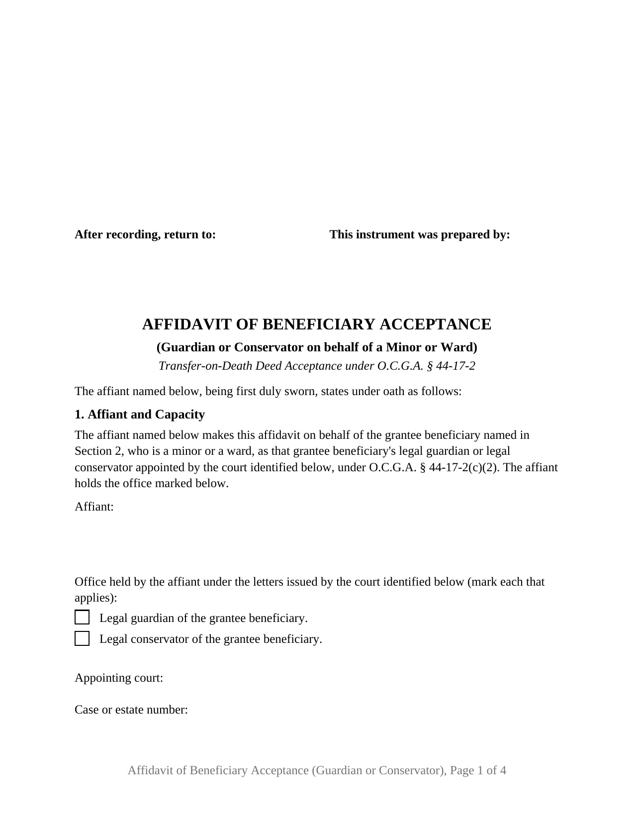 Georgia Affidavit of Beneficiary Acceptance (Guardian or Conservator on behalf of a Minor or Ward)