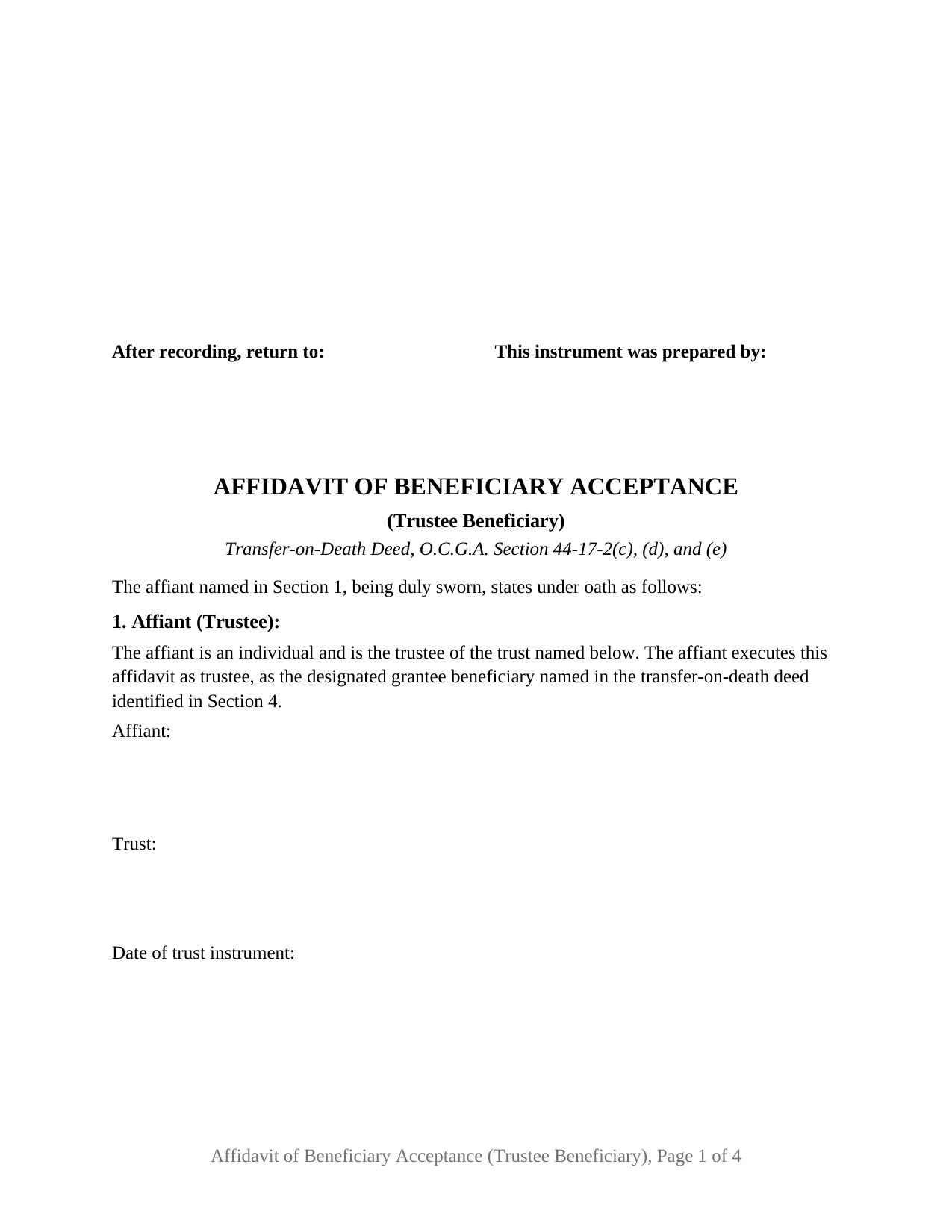 Georgia Affidavit of Beneficiary Acceptance (Trustee Beneficiary)