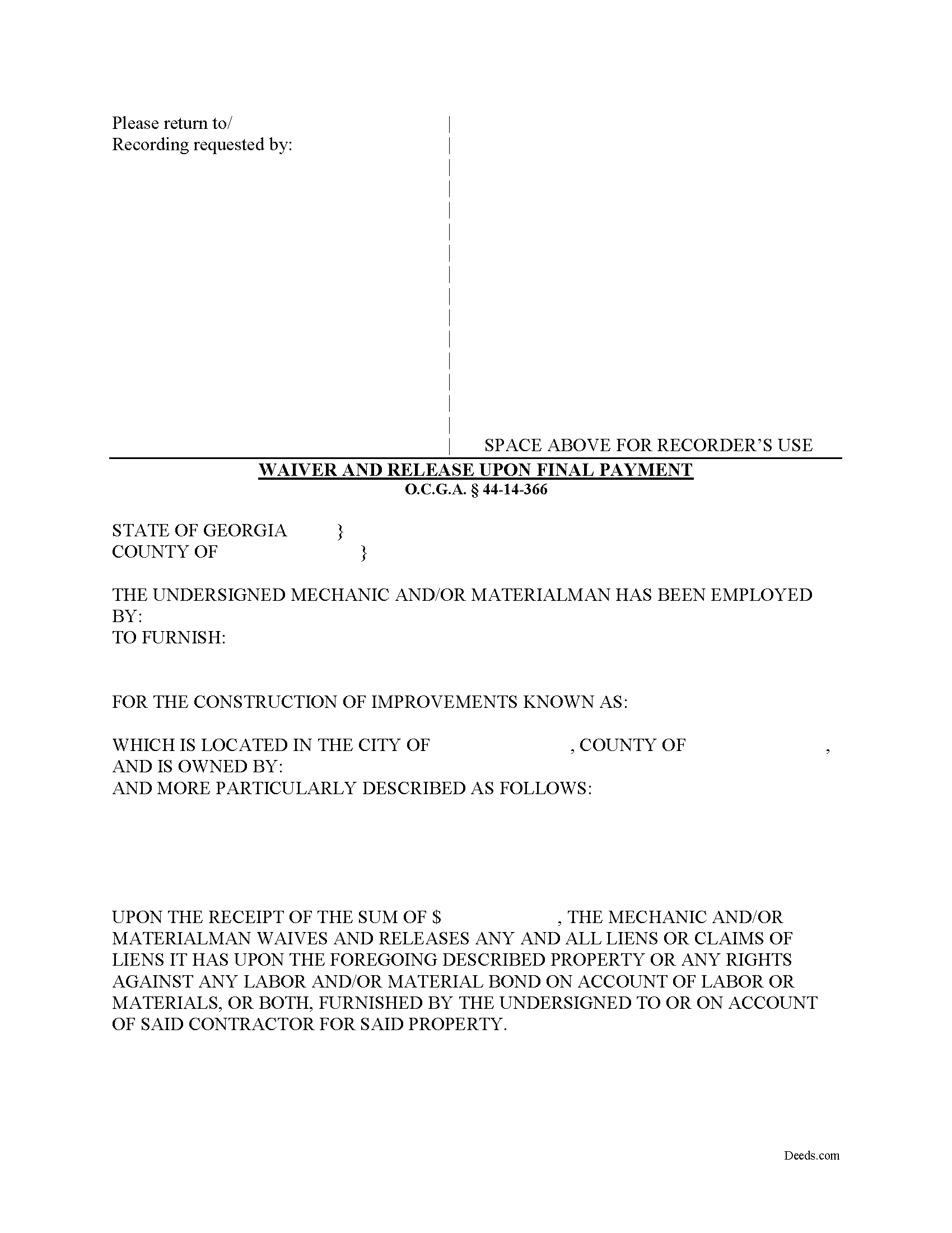 Georgia Final Lien Waiver and Release Image