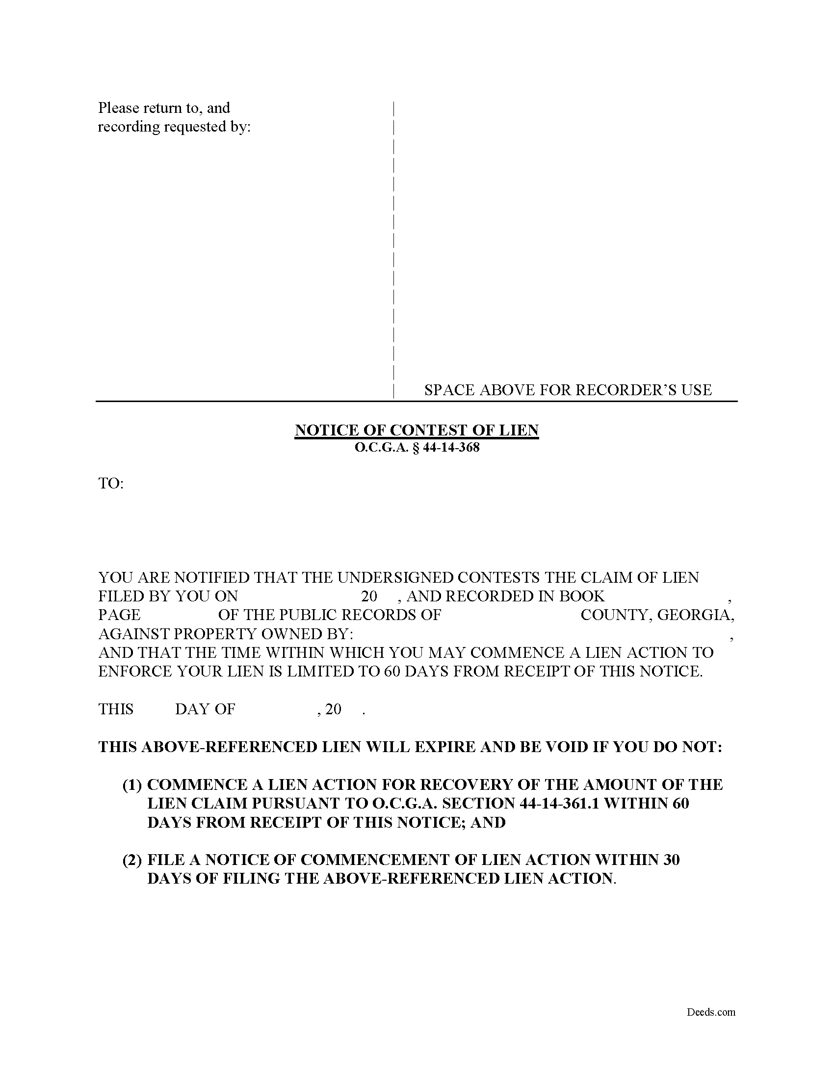 Georgia Notice of Contest of Lien Image