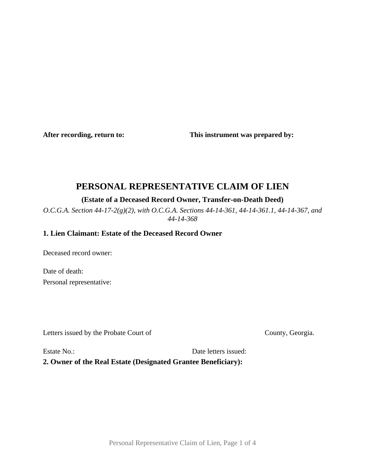 Georgia Personal Representative Claim of Lien