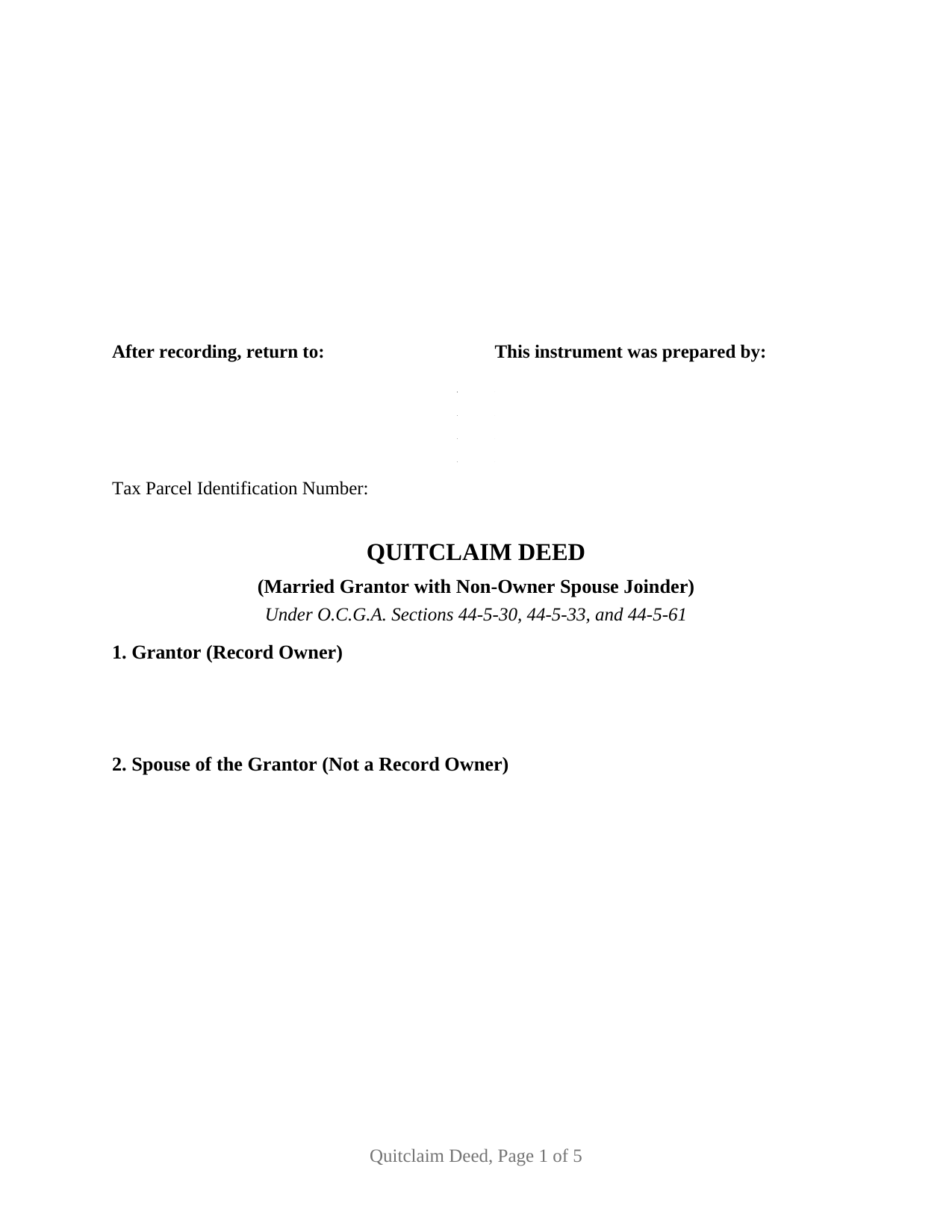Georgia Quitclaim Deed (Married Grantor with Non-Owner Spouse Joinder)