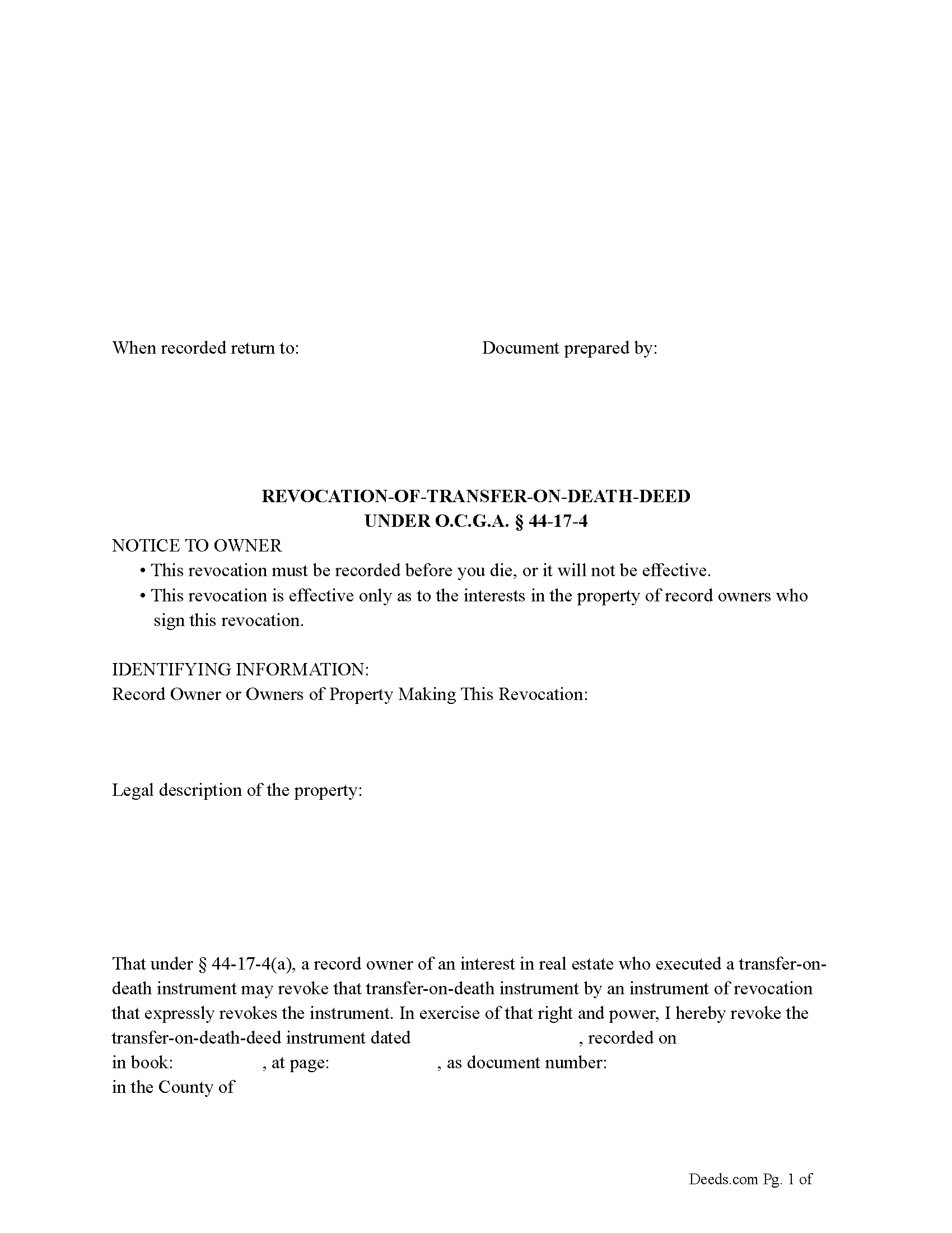 Georgia Revocation of Transfer on Death Deed Image