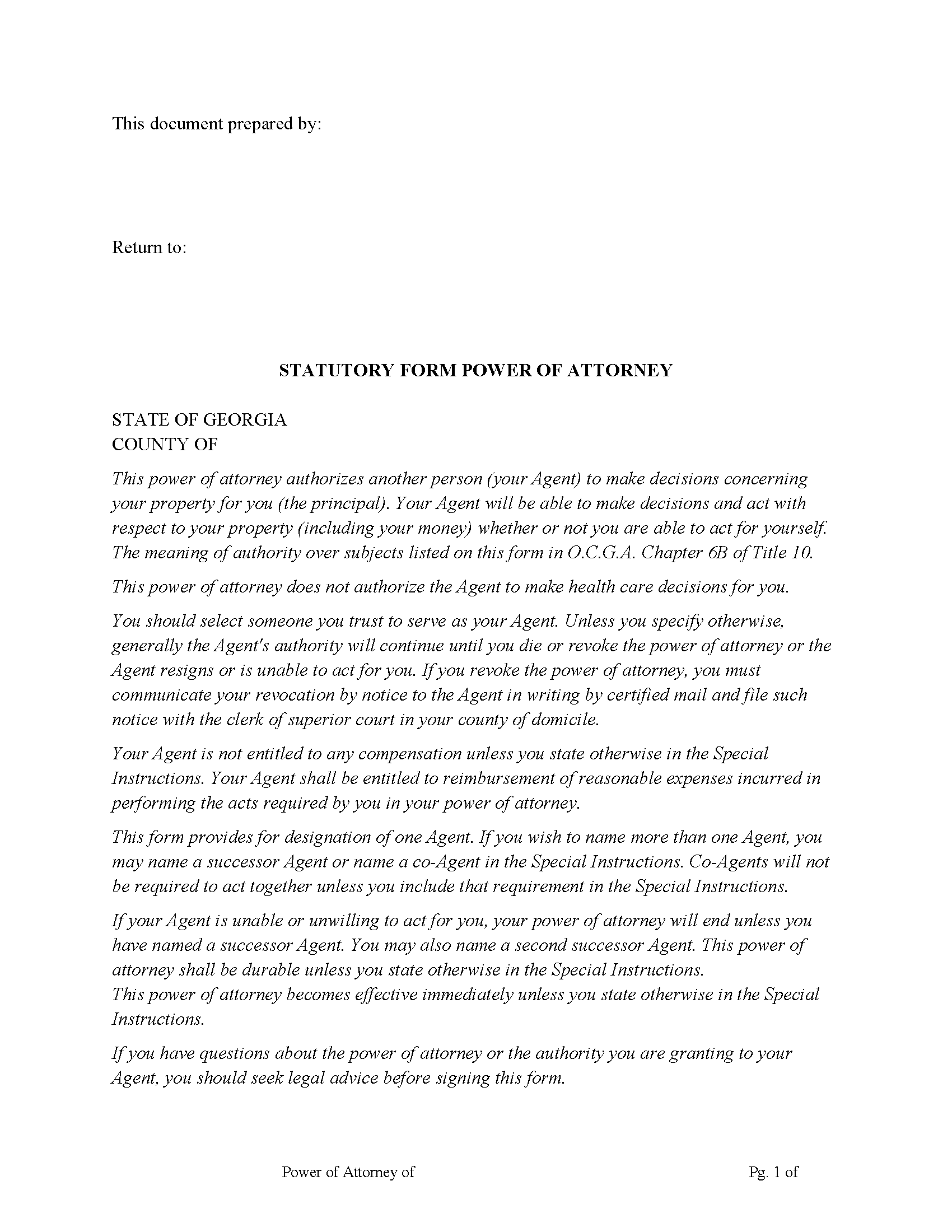 Georgia Statutory Power of Attorney Image