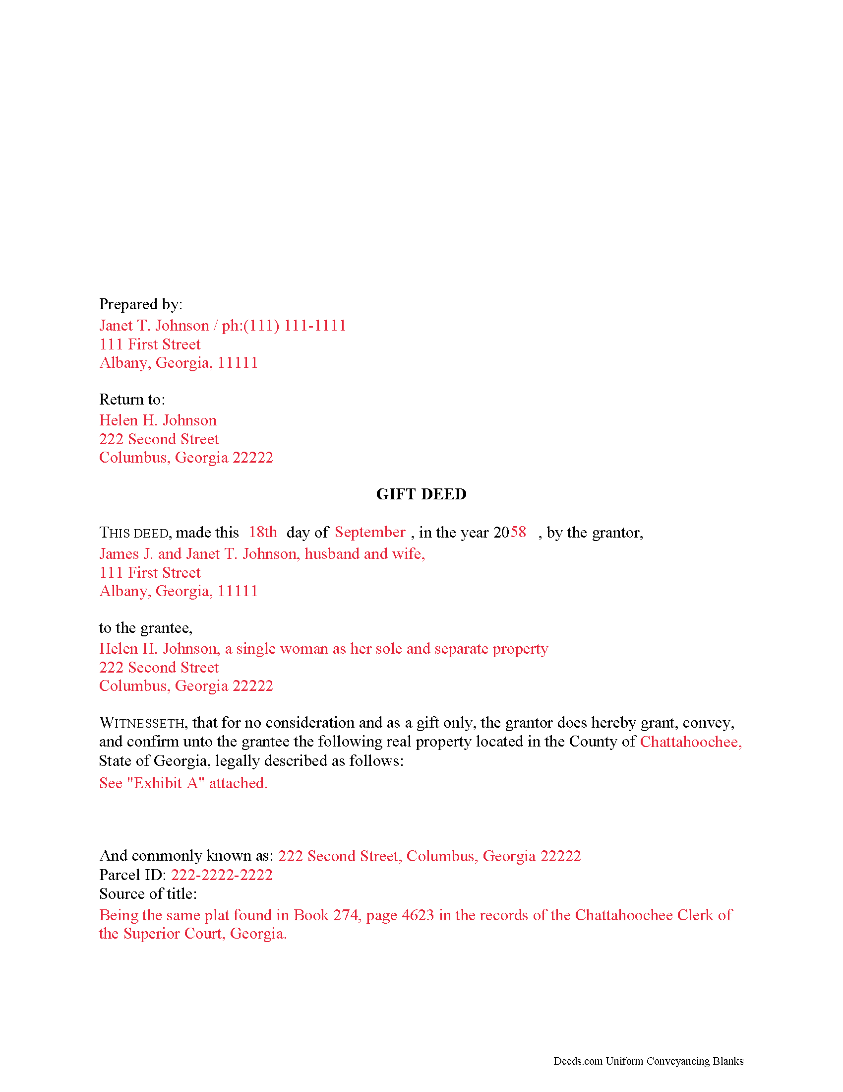 Completed Example of the Gift Deed Document