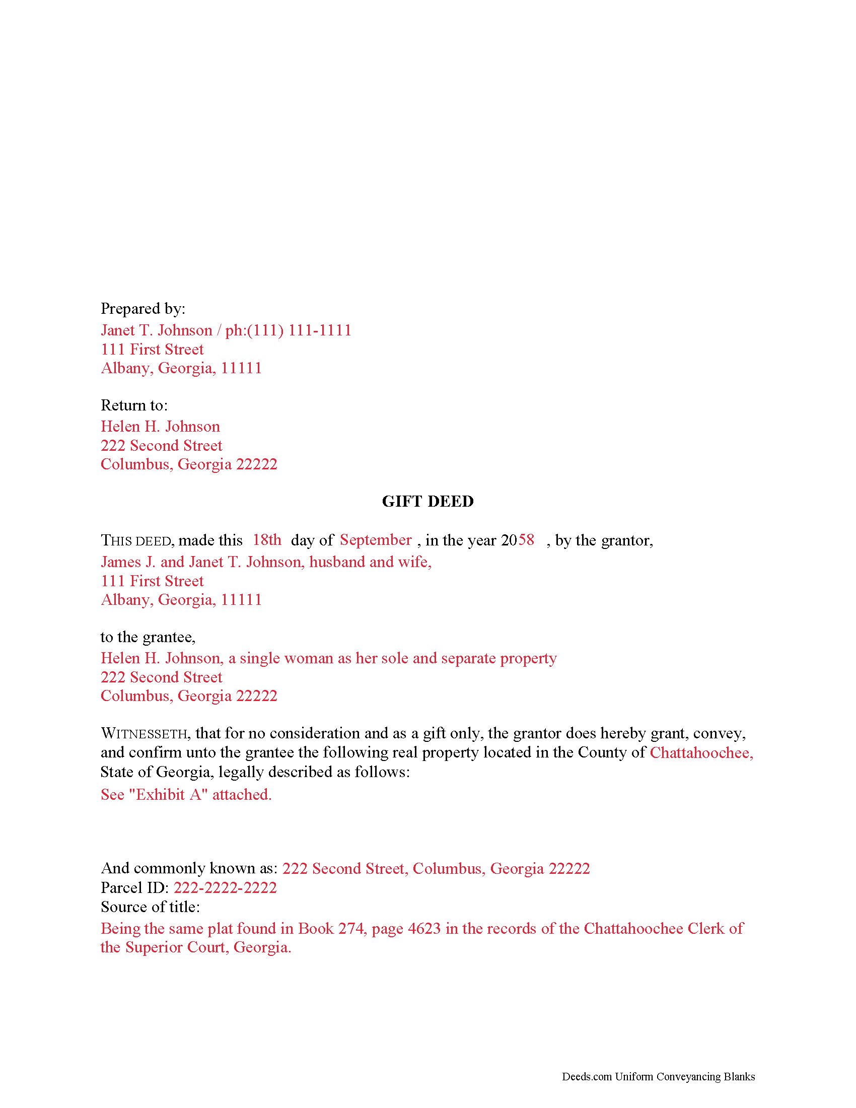 Bryan County Completed Example of the Gift Deed Document